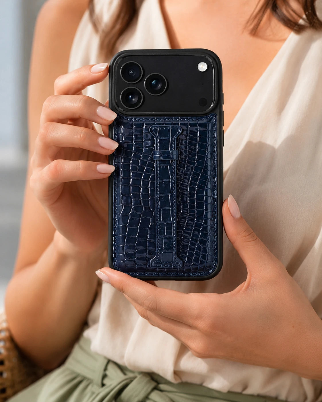 Kemerli iPhone Kılıfı | Lacivert Küçük Croco