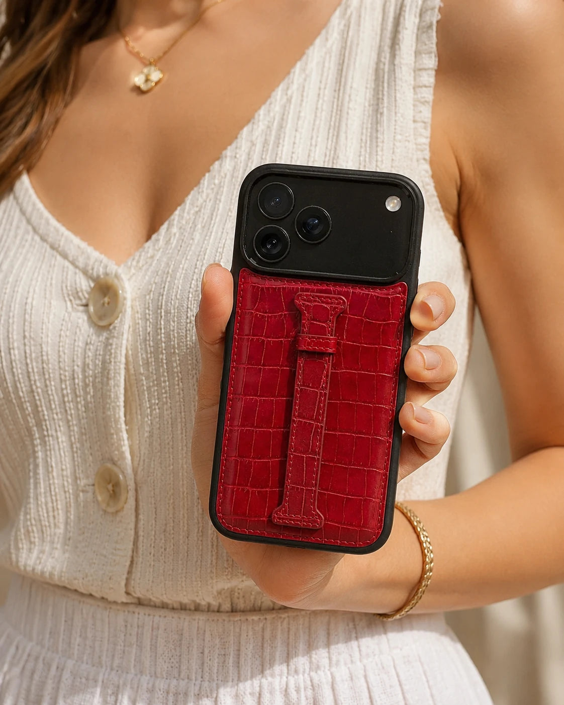 Kemerli iPhone Kılıfı | Kırmızı Parlak Küçük Croco