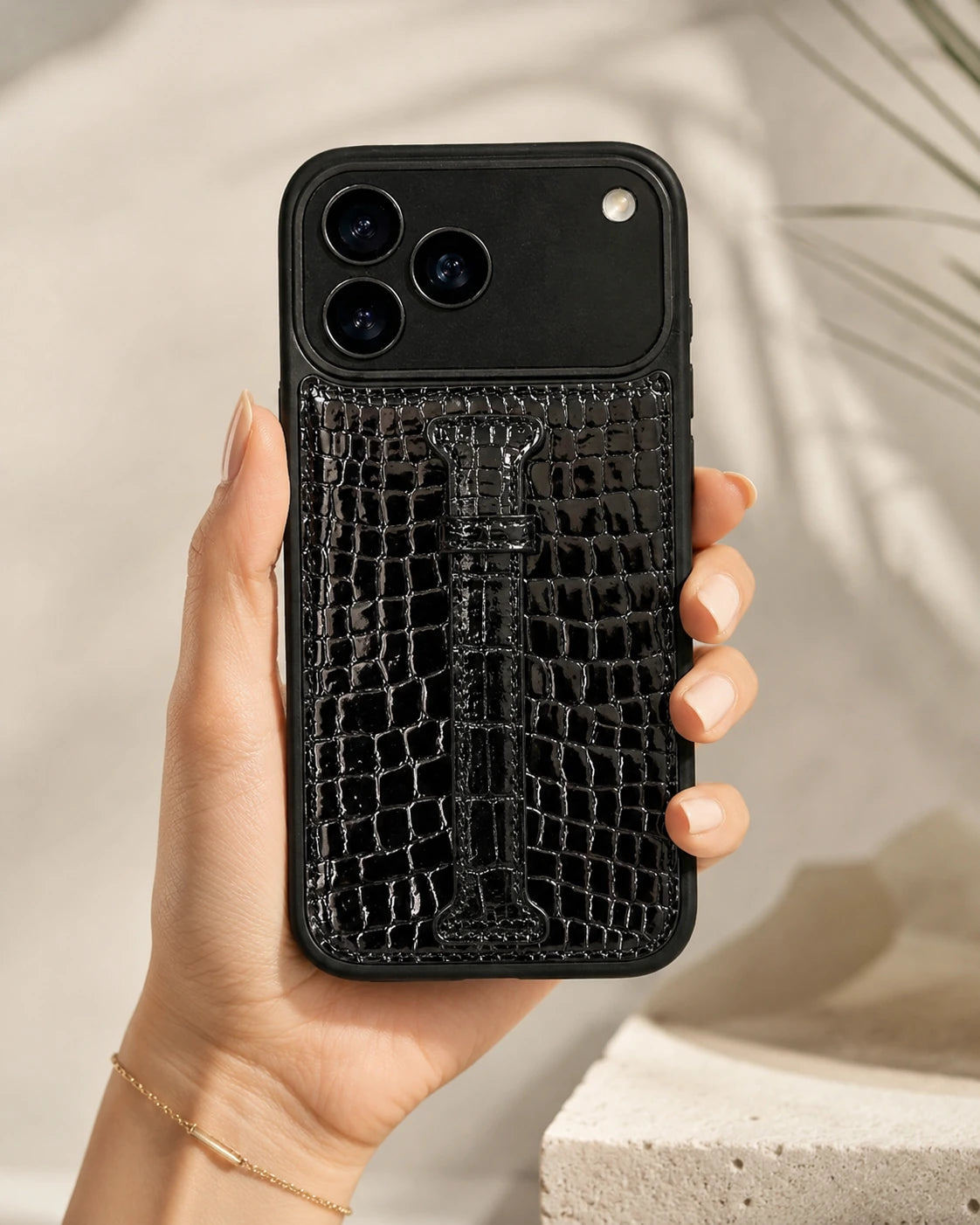 Kemerli iPhone Kılıfı | Siyah Rugan Küçük Croco