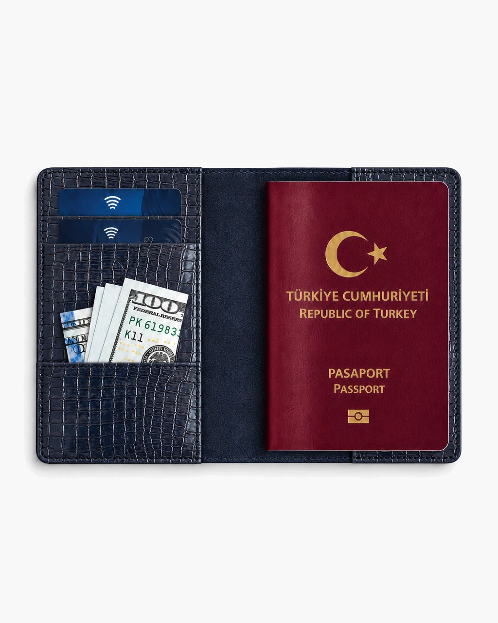 Lacivert Küçük Croco deri pasaport kılıfı - görsel 4