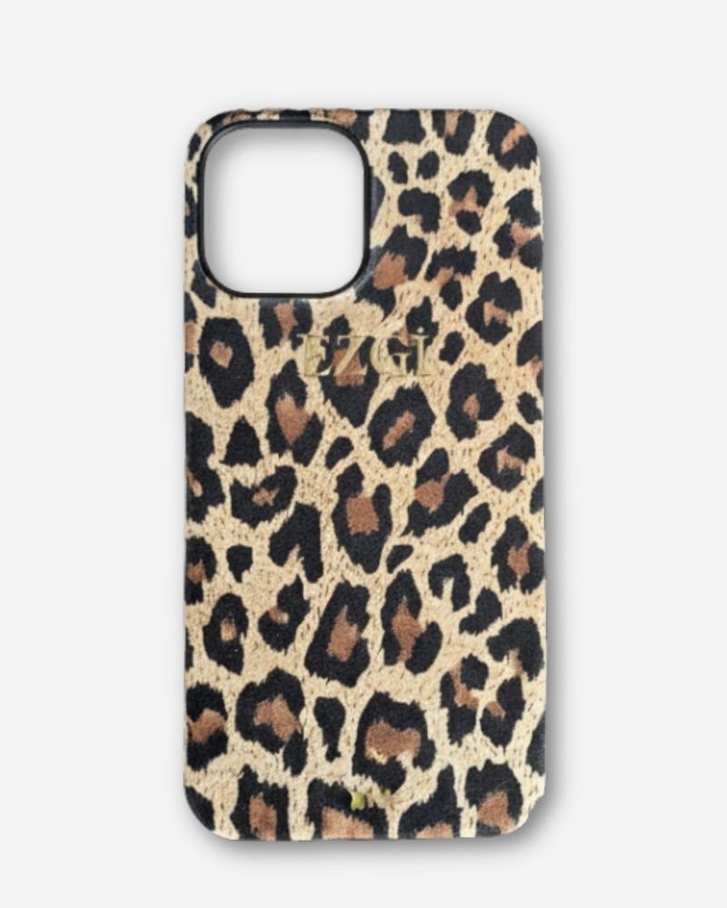 Açık Bej Tabanlı Leopar Desenli Deri iPhone Kılıf