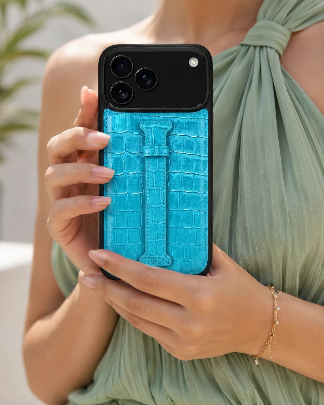 Kemerli iPhone Kılıfı | Mavi Yeşil Mat Croco