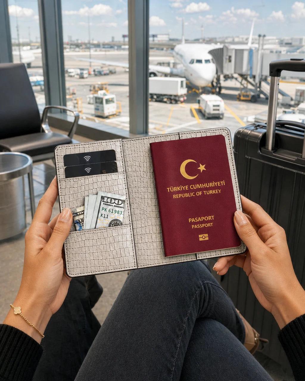 Natural Küçük Croco deri pasaport kılıfı - görsel 3
