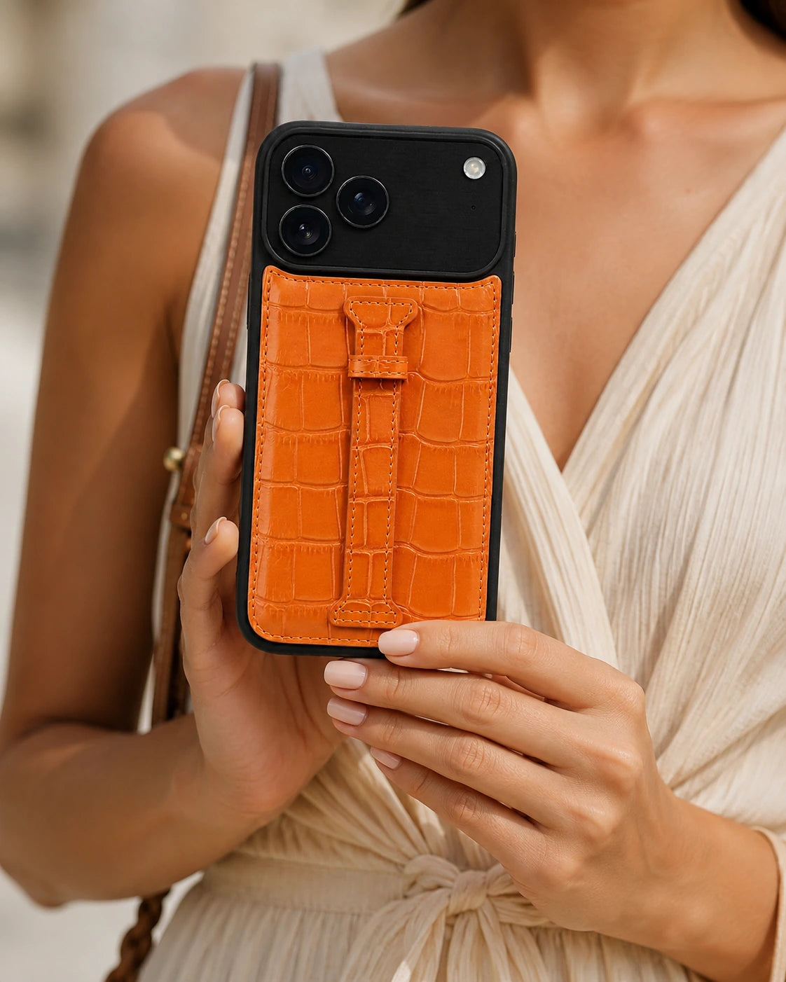 Kemerli iPhone Kılıfı | Turuncu Rugan Croco