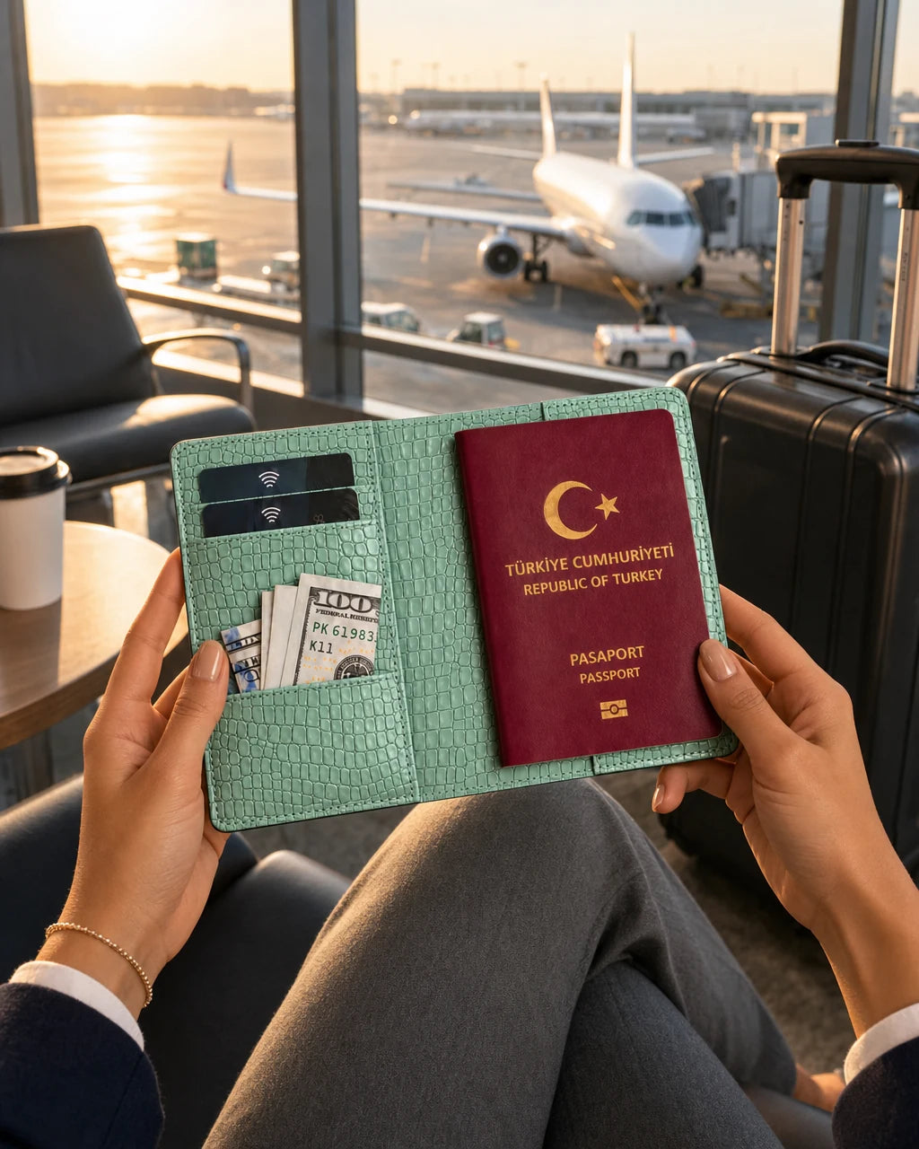 Su Yeşili Küçük Croco deri pasaport kılıfı - görsel 3