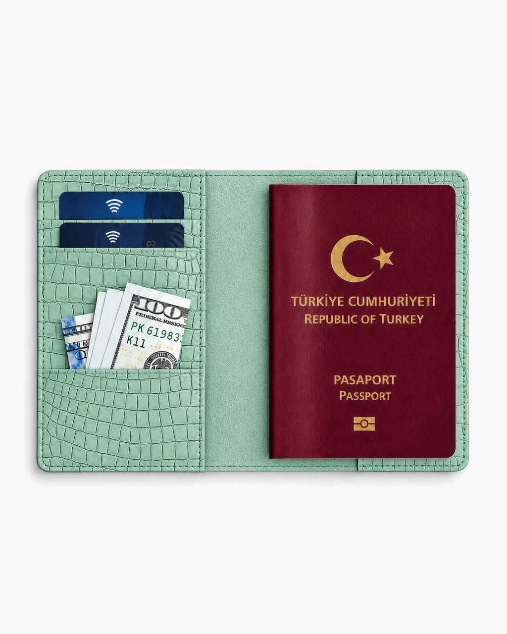 Su Yeşili Küçük Croco deri pasaport kılıfı - görsel 4