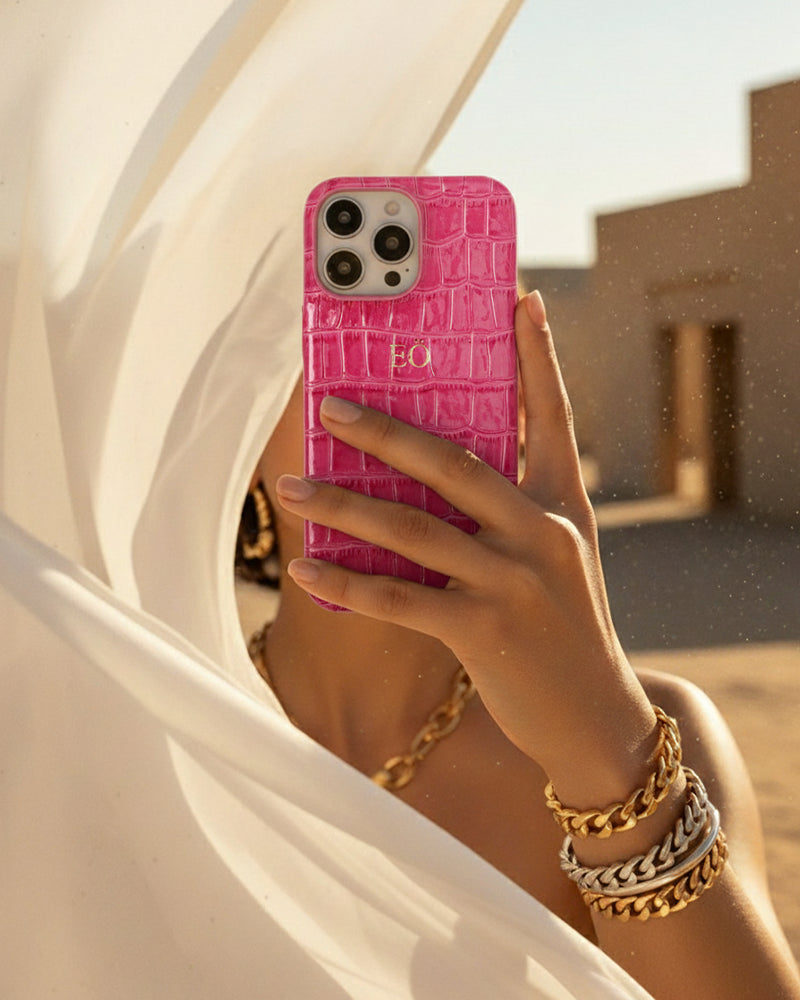 iPhone Kılıfı ve Kalpli Anahtarlık Seti | Fuşya Croco