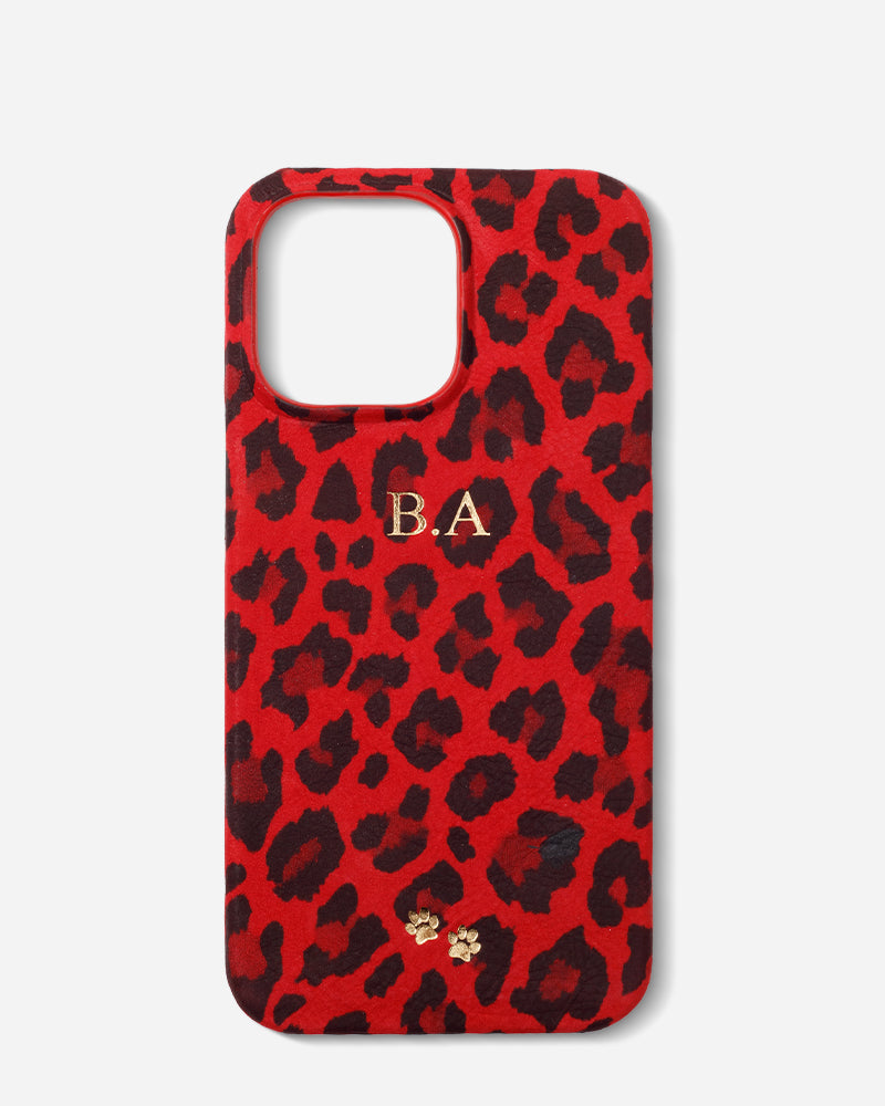 Kırmızı Leopar Desenli Suet Deri iPhone Kılıfı