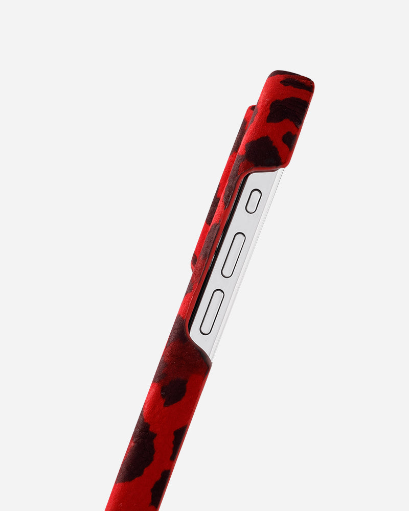 Kırmızı Leopar Desenli Suet Deri iPhone Kılıfı