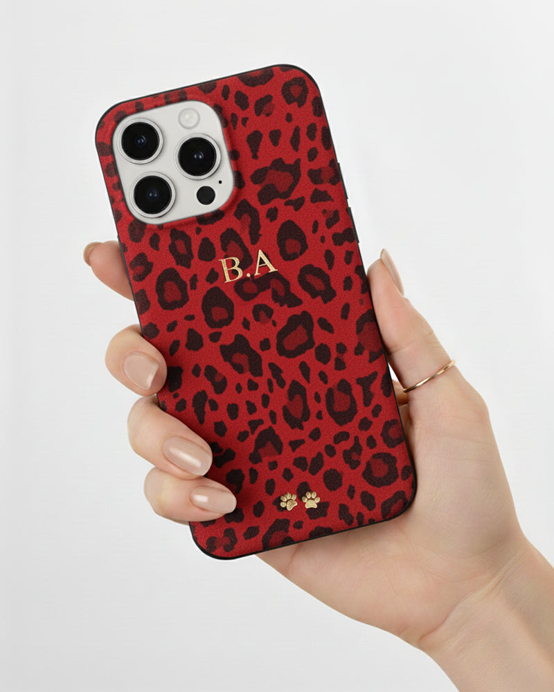 Kırmızı Leopar Desenli Suet Deri iPhone Kılıfı