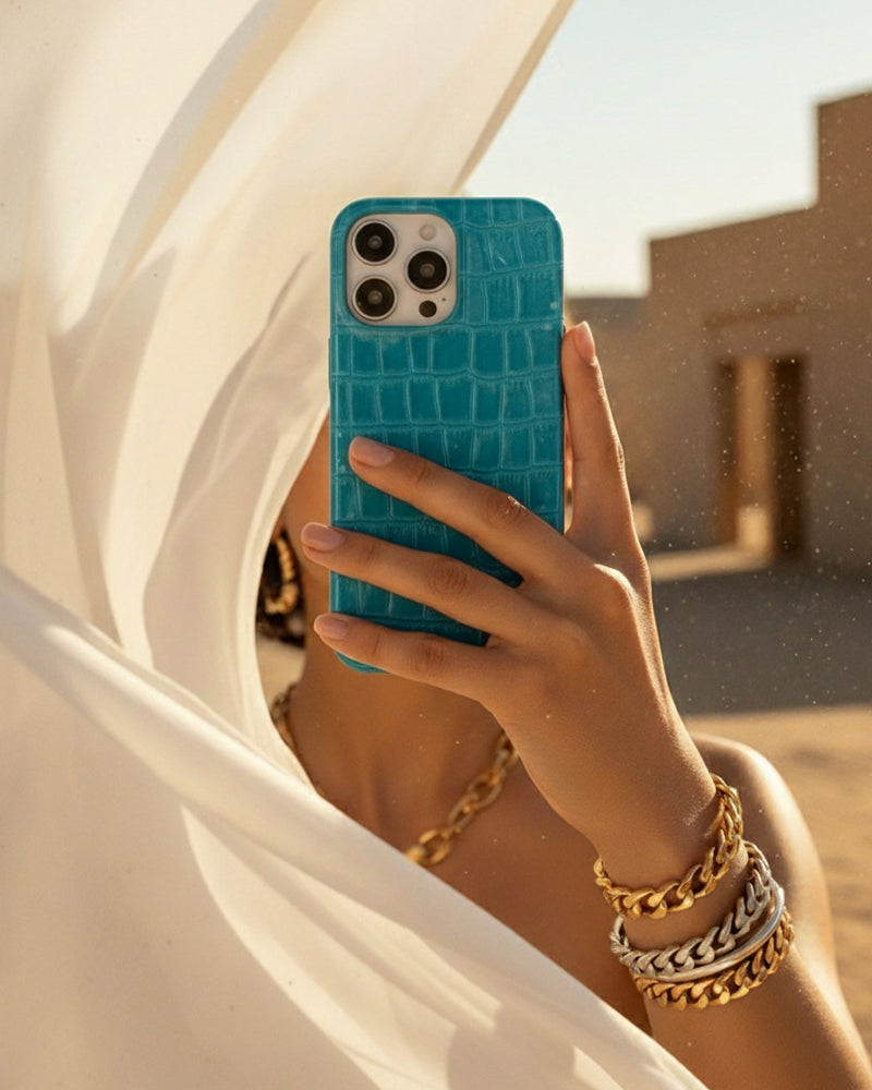 Turkuaz Parlak Croco Deri iPhone Kılıfı