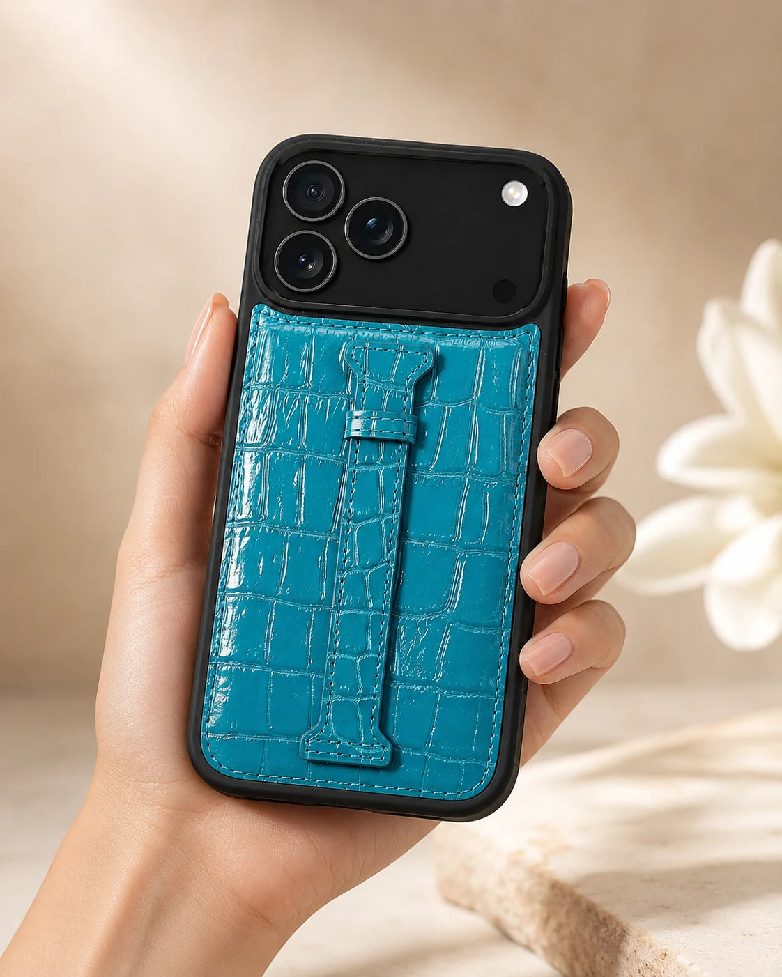 Kemerli iPhone Kılıfı | Turkuaz Rugan Croco