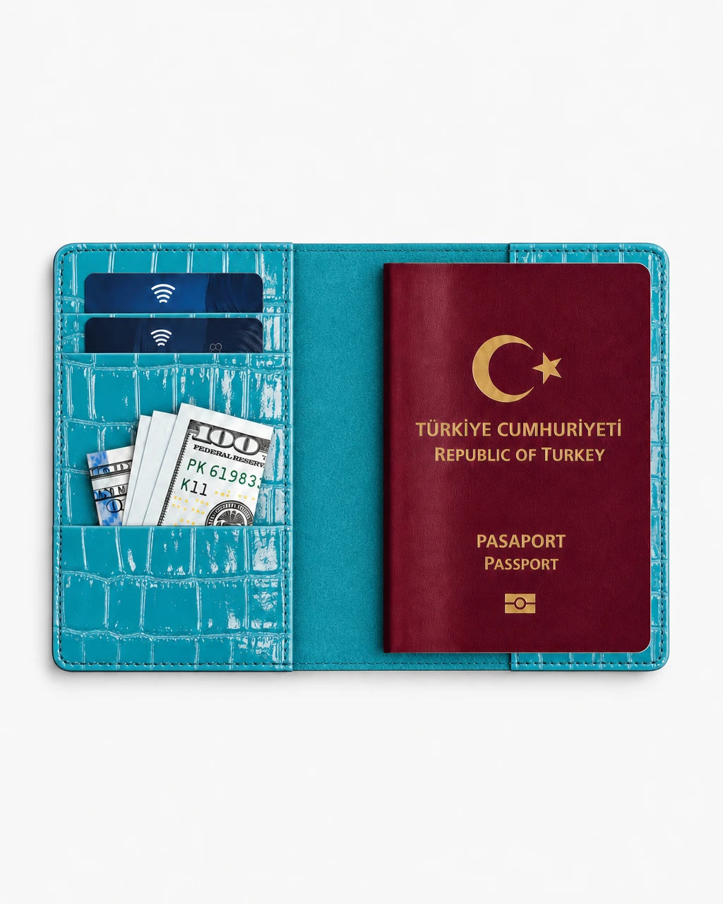 Turkuaz Rugan Croco deri pasaport kılıfı - görsel 4