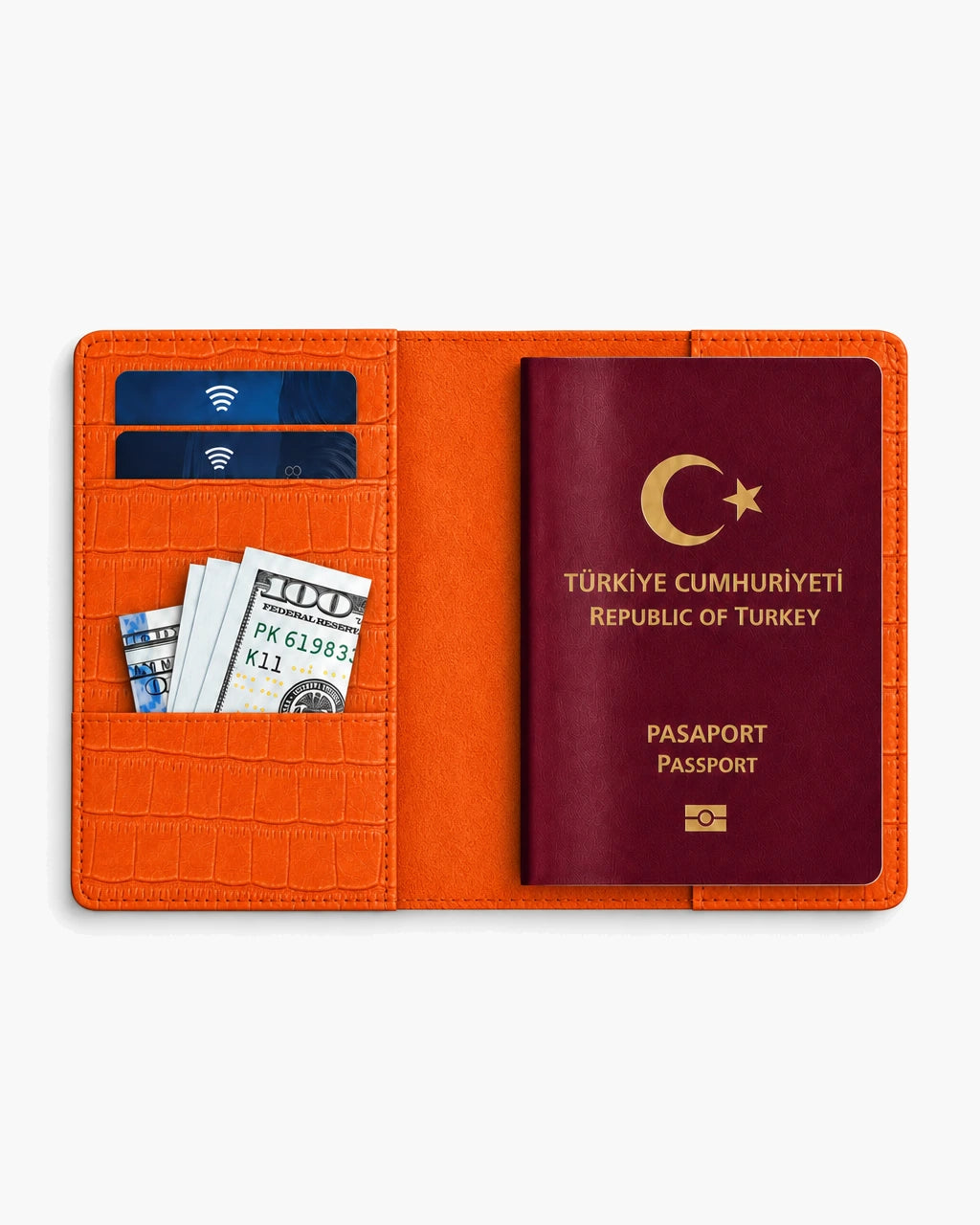 Turuncu Mat Croco deri pasaport kılıfı - görsel 3
