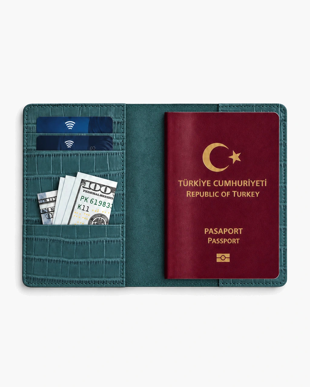 Yeşil Mat Croco deri pasaport kılıfı - görsel 3