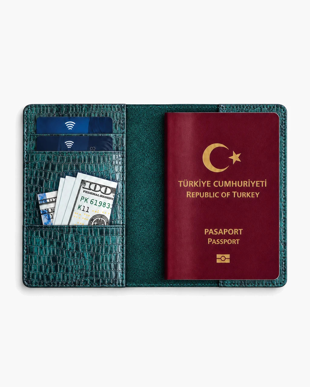 Yeşil Siyah Küçük Croco deri pasaport kılıfı - görsel 3