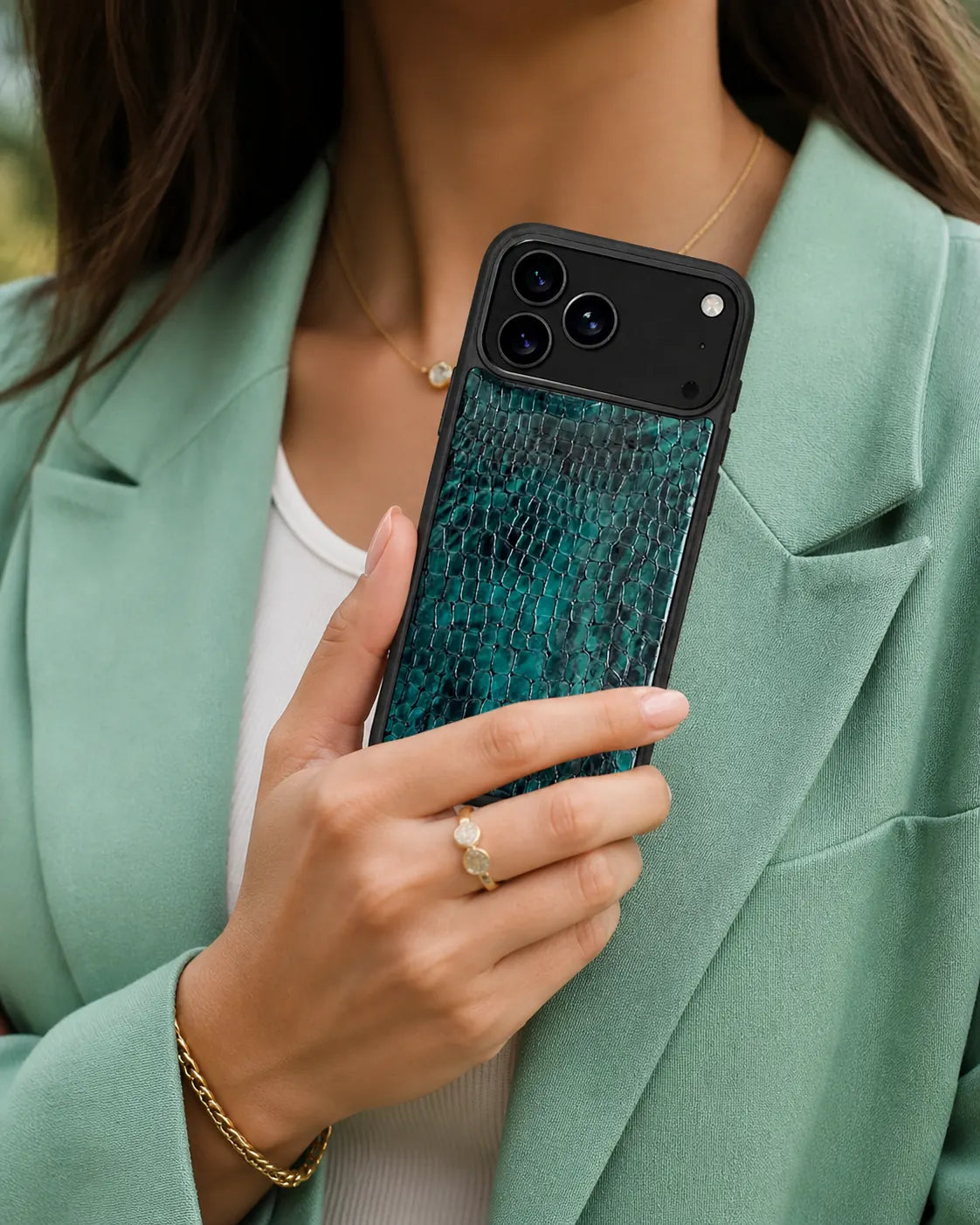Deri iPhone Kılıfı | Yeşil Siyah Küçük Croco | Havuz