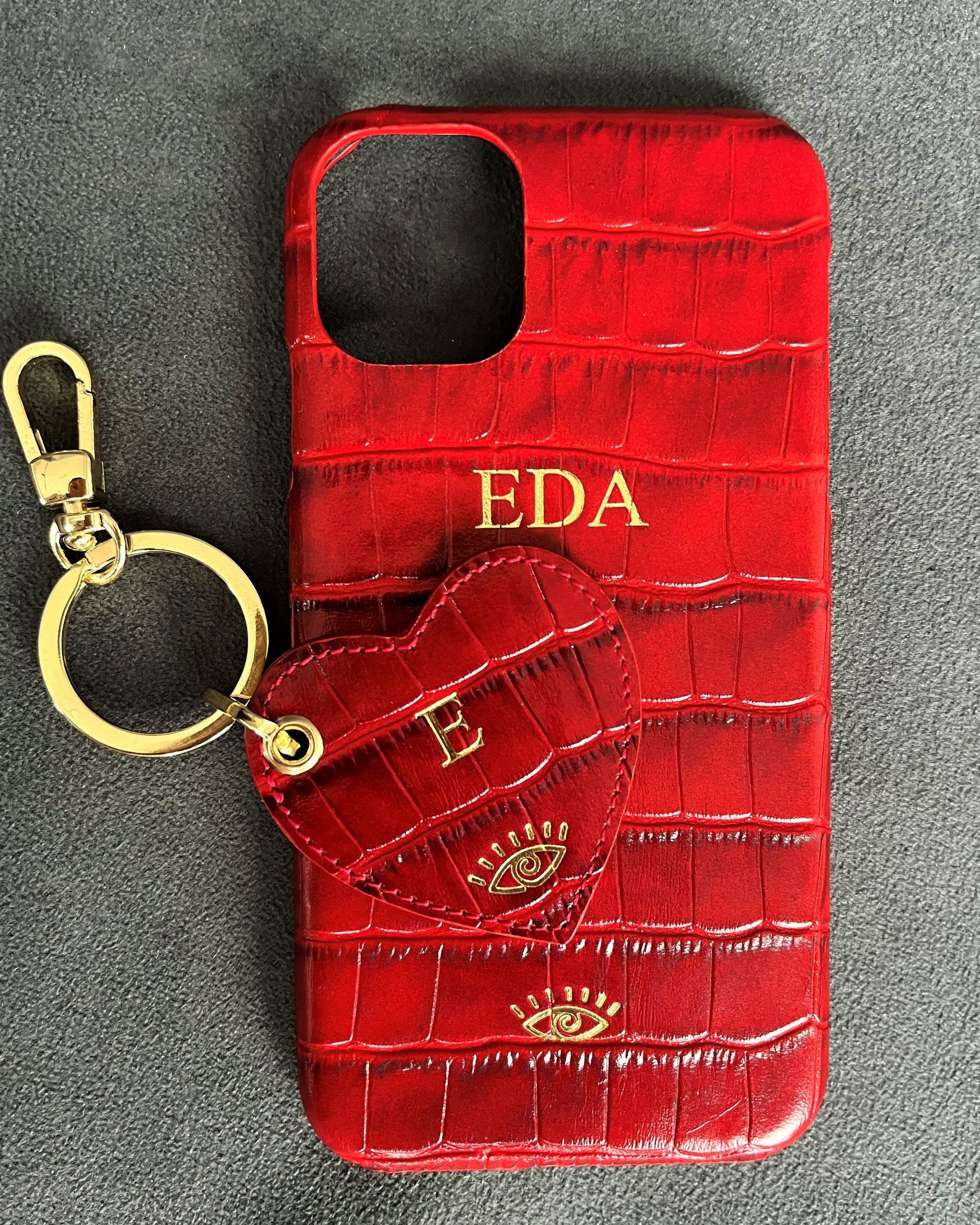iPhone Kılıfı ve Kalpli Anahtarlık Seti | Kırmızı Croco Deri