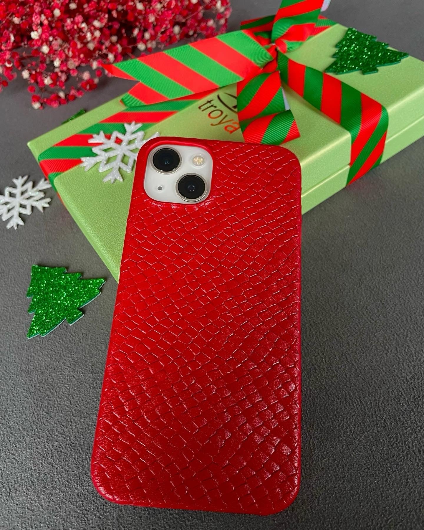 Su Pitonu Desenli Deri iPhone Kılıfı | Kırmızı