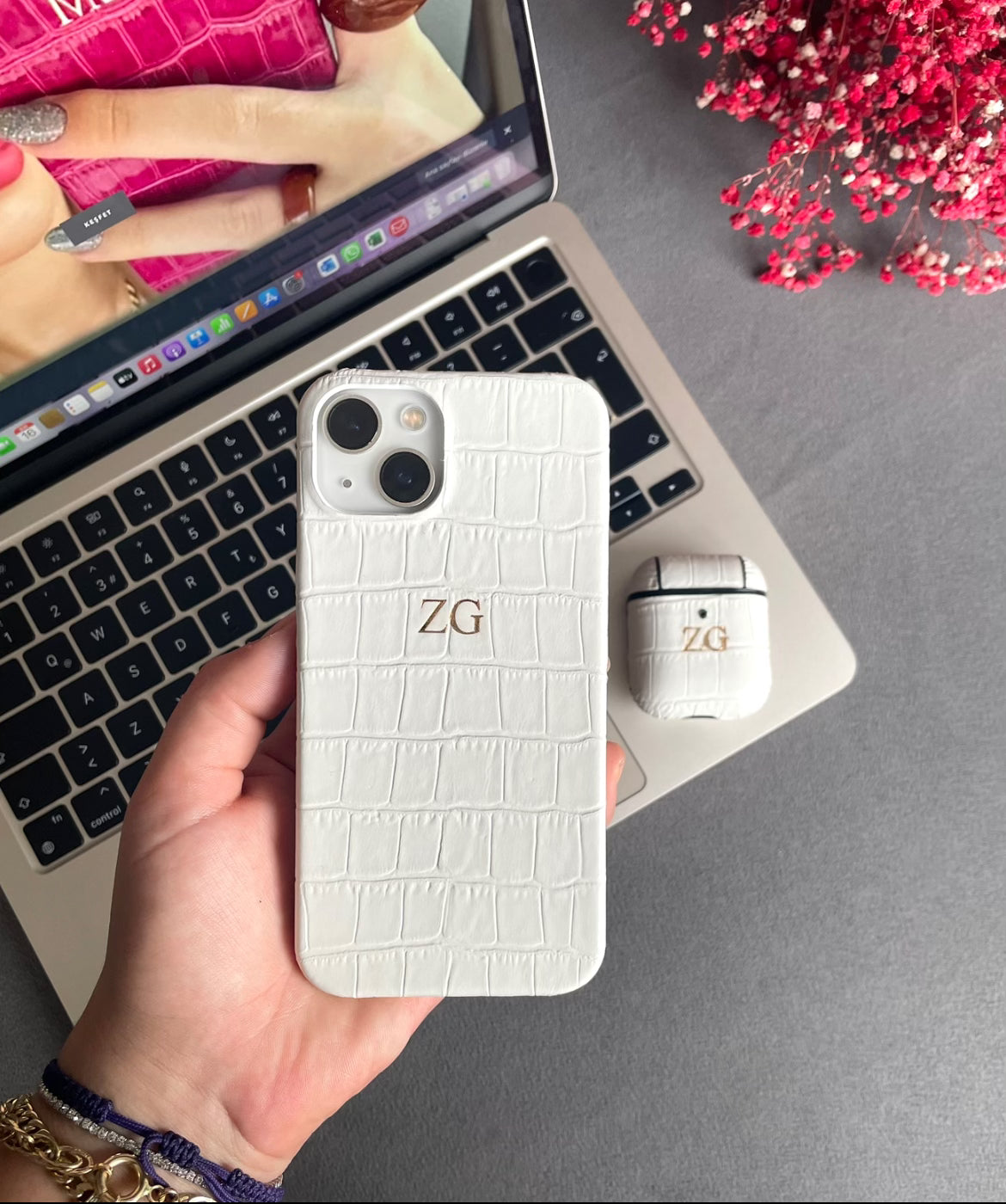 Emerald Serisi Rugan beyaz Croco ve AirPod kılıfı