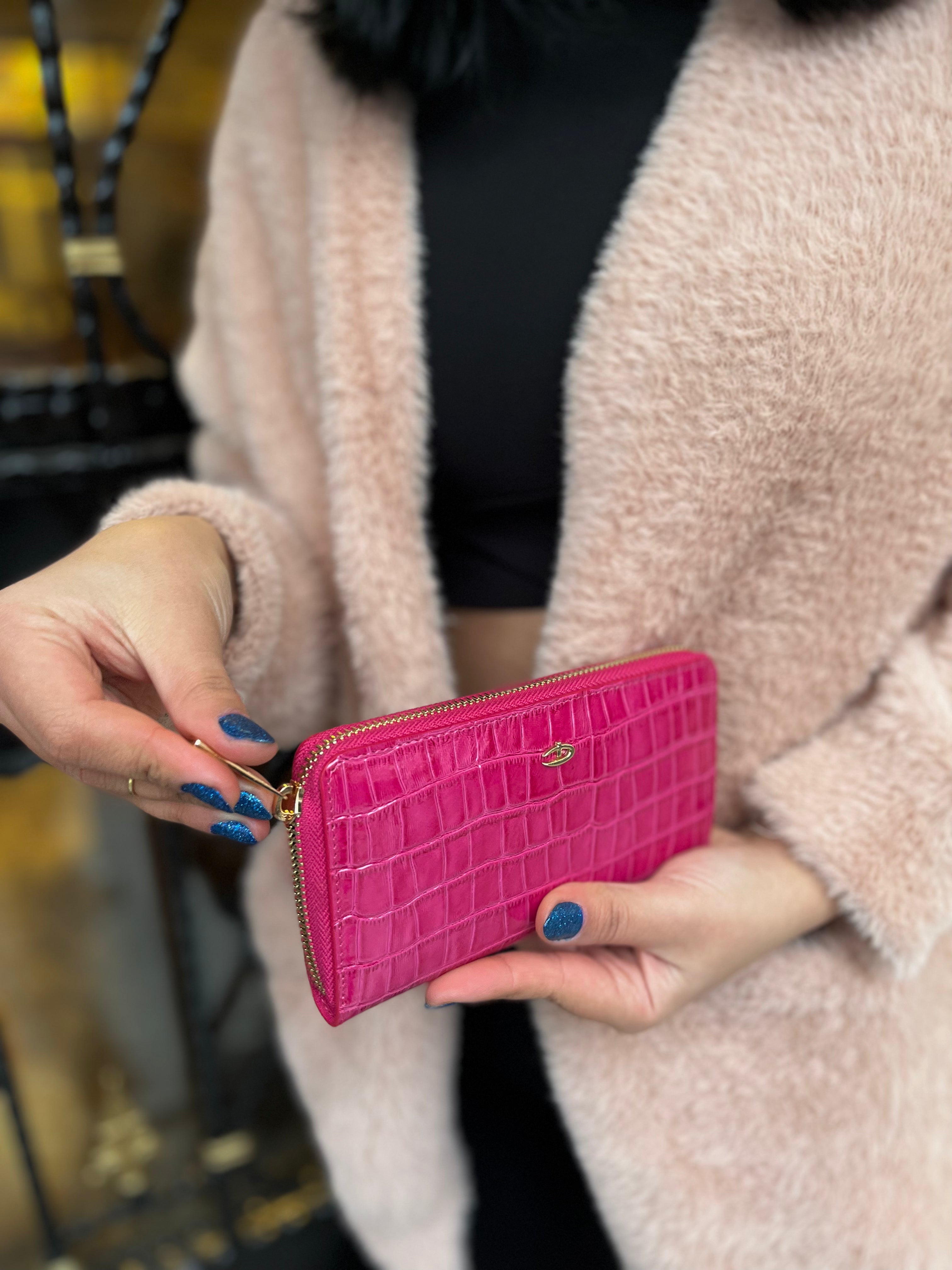 Deri fermuarlı cüzdan Fuşya Croco