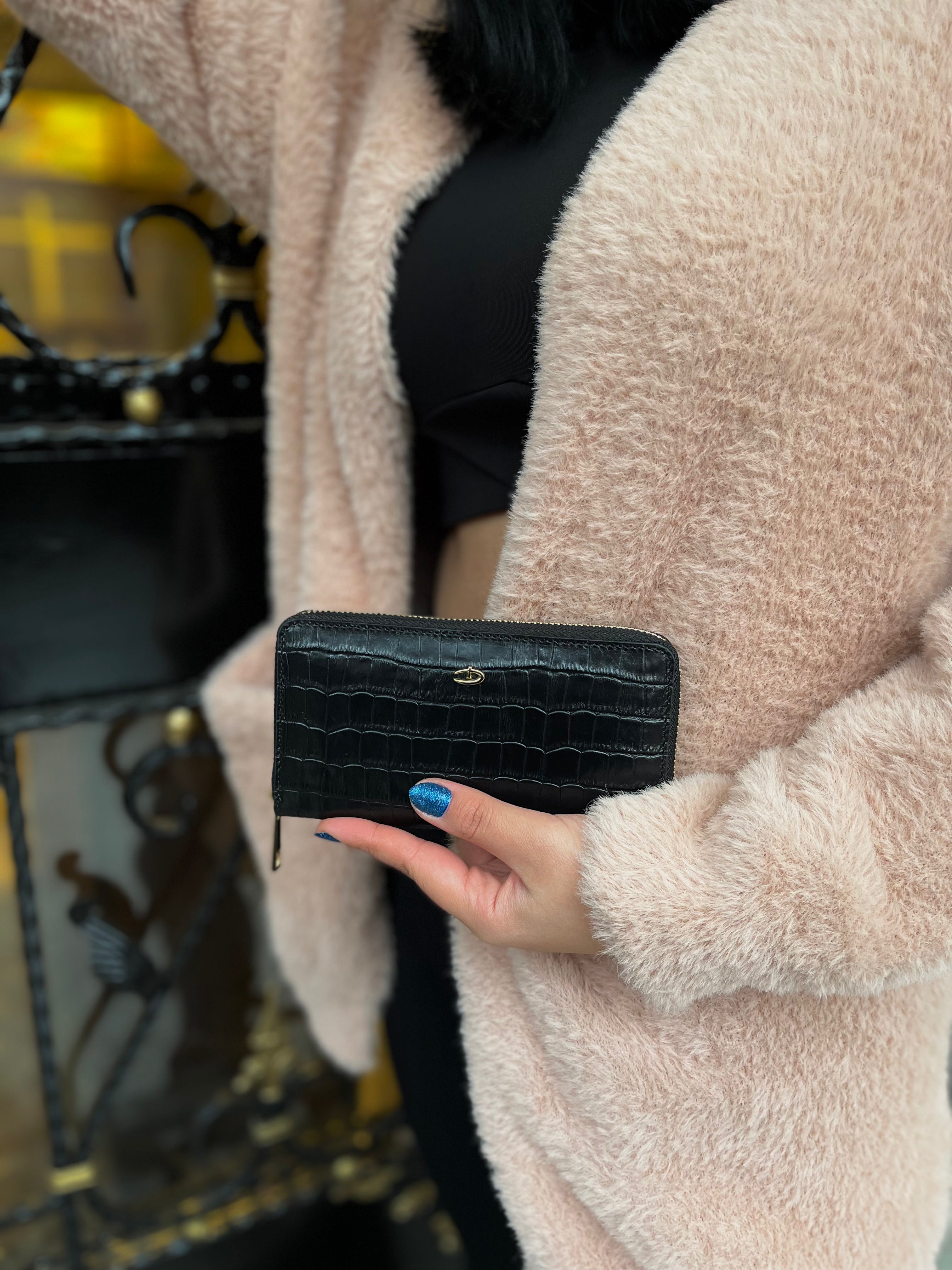 Deri fermuarlı cüzdan Siyah Croco