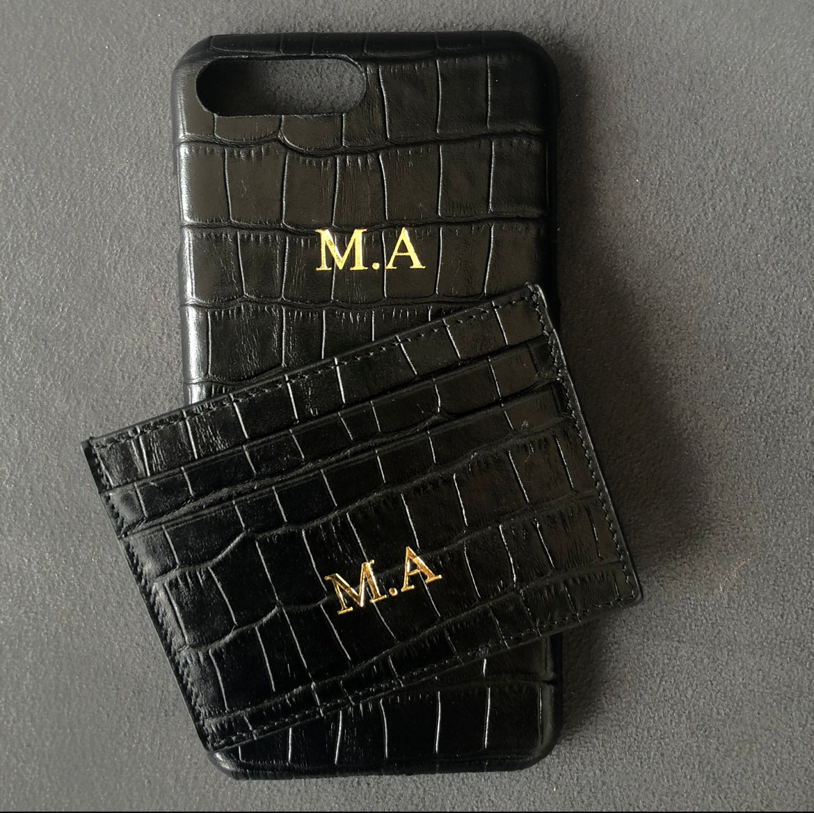 Siyah Croco telefon kılıfı ve kredi kartlık seti