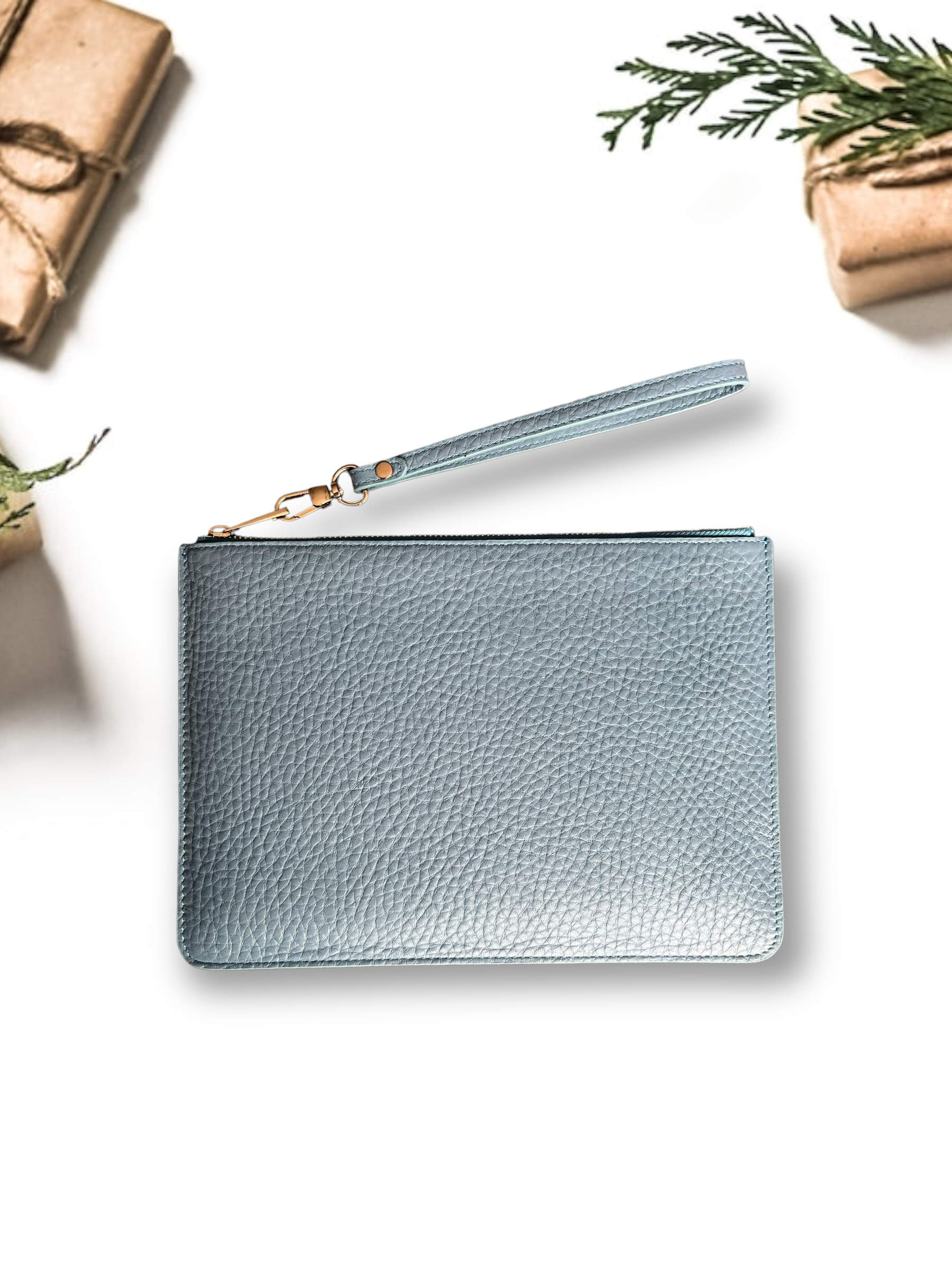 Deri Clutch Çanta - Açık Mavi Togo