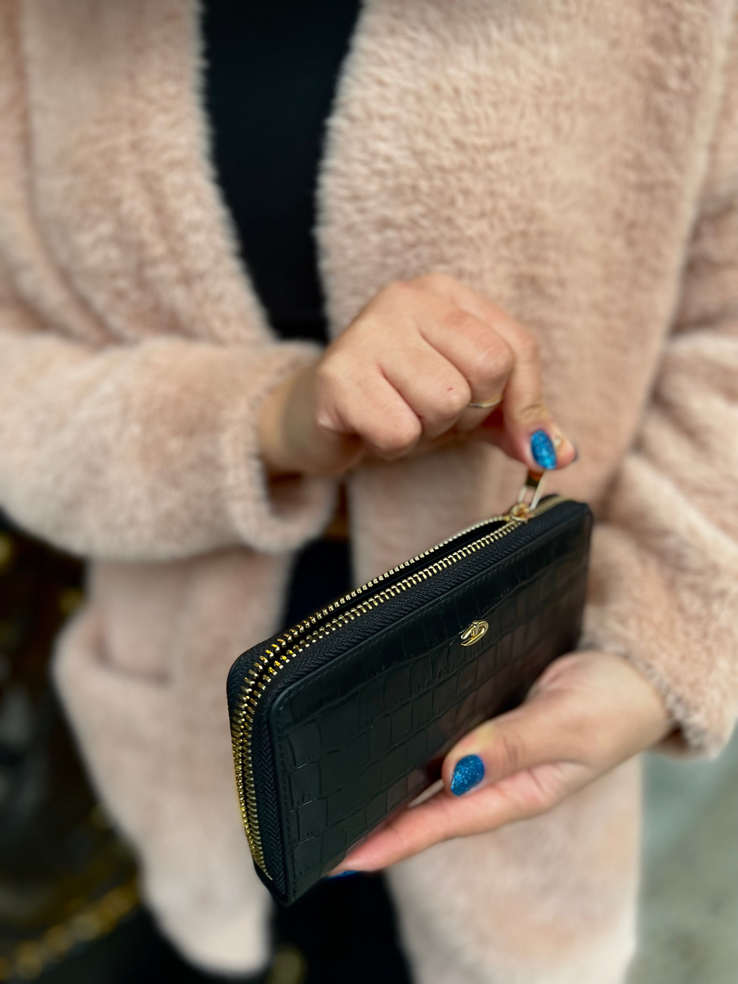 Deri fermuarlı cüzdan Siyah Croco