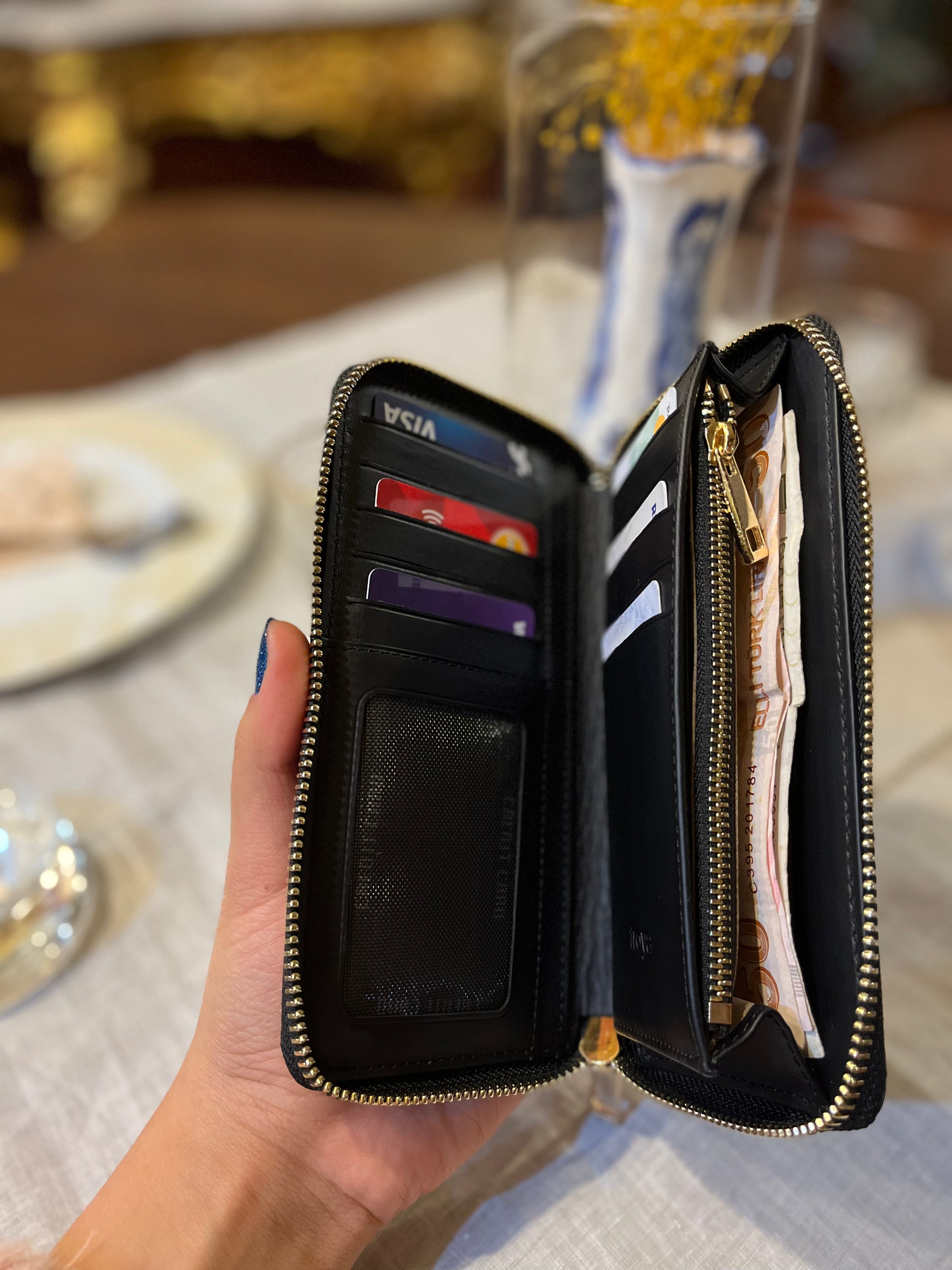 Deri fermuarlı cüzdan Siyah Croco