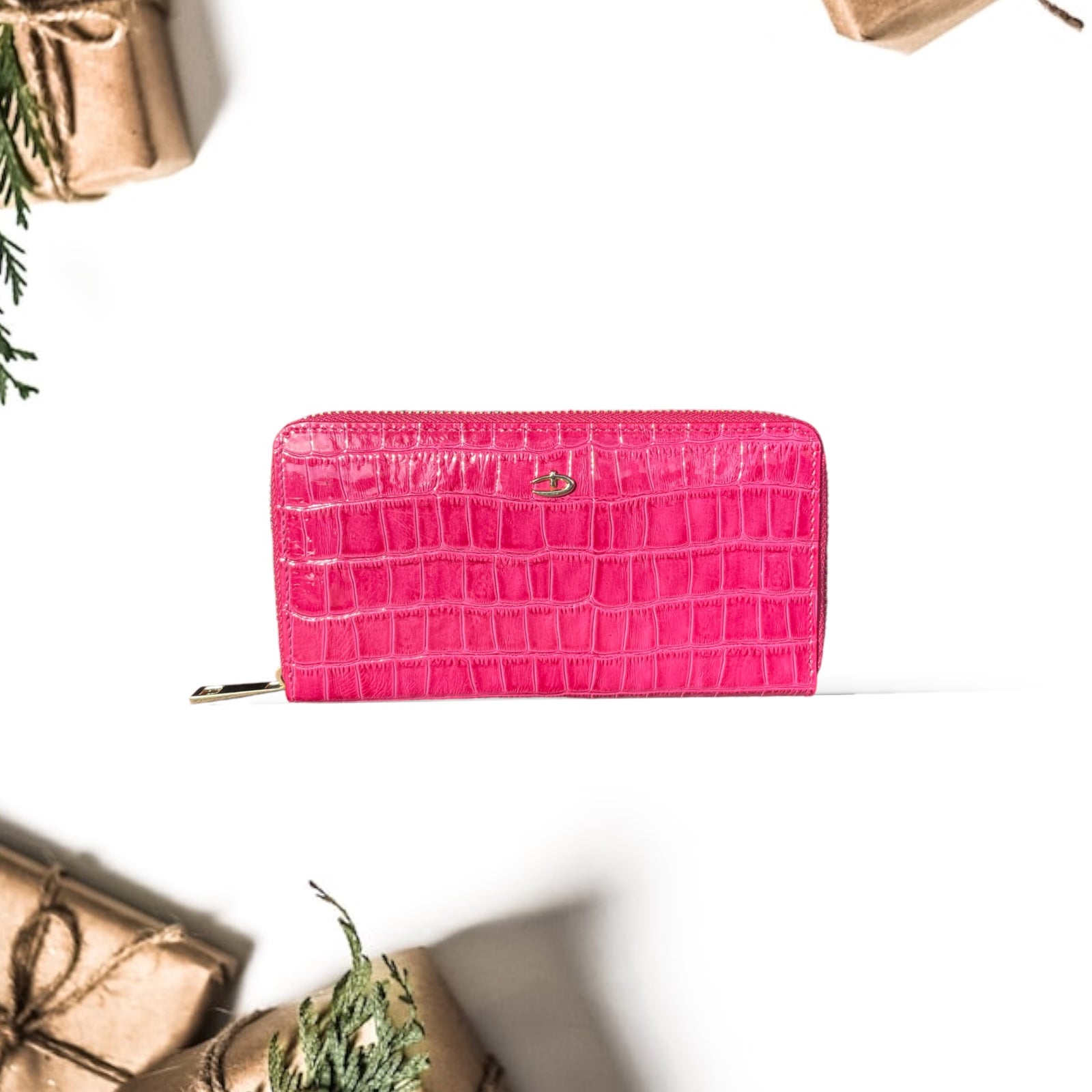 Deri fermuarlı cüzdan Fuşya Croco