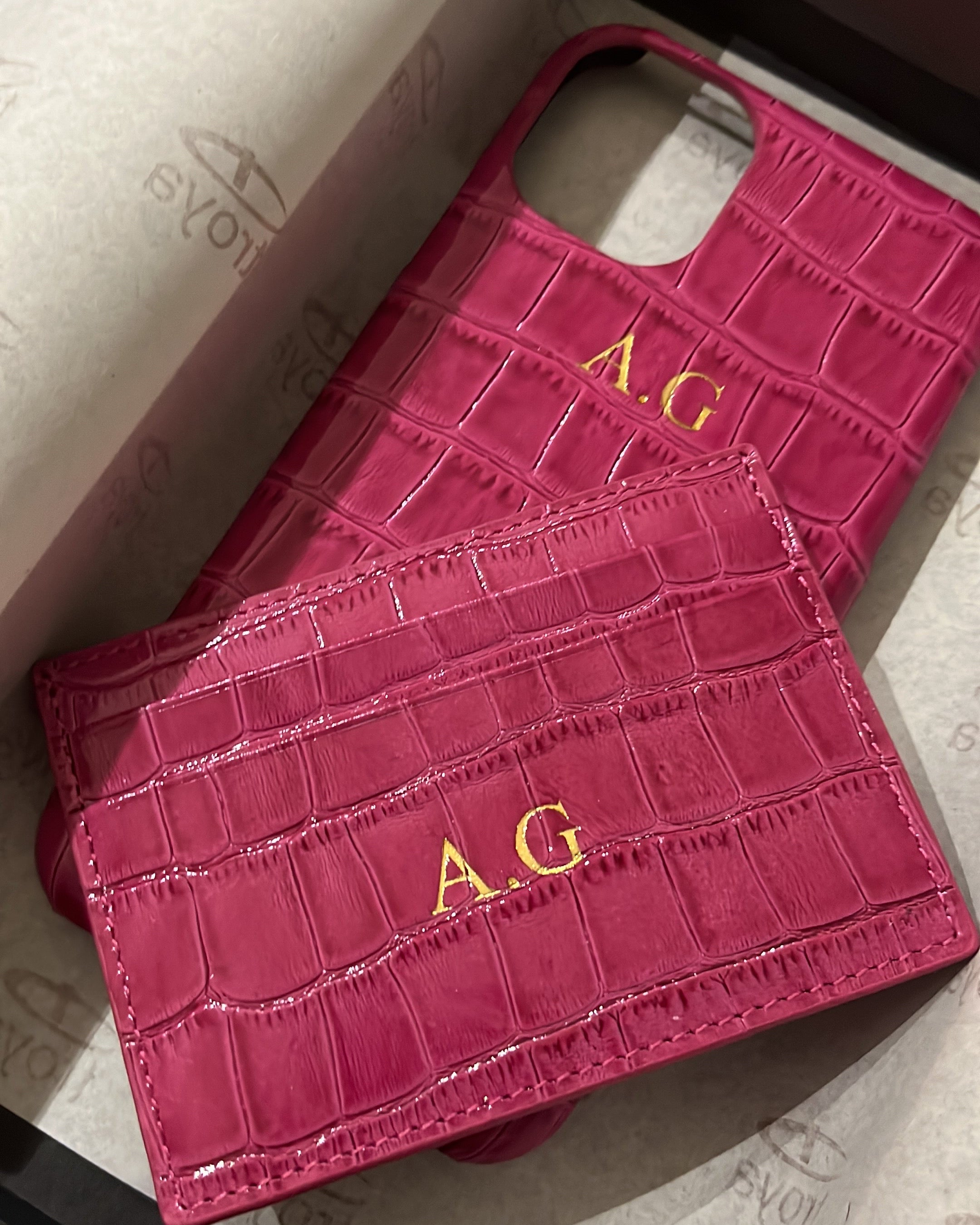 iPhone Kılıfı ve Kartlık Seti | Fuşya Croco