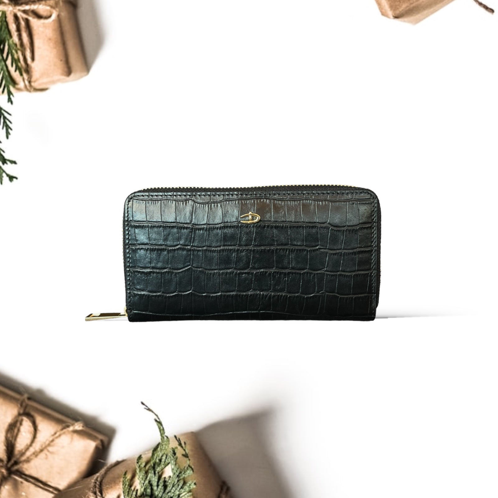 Deri fermuarlı cüzdan Siyah Croco