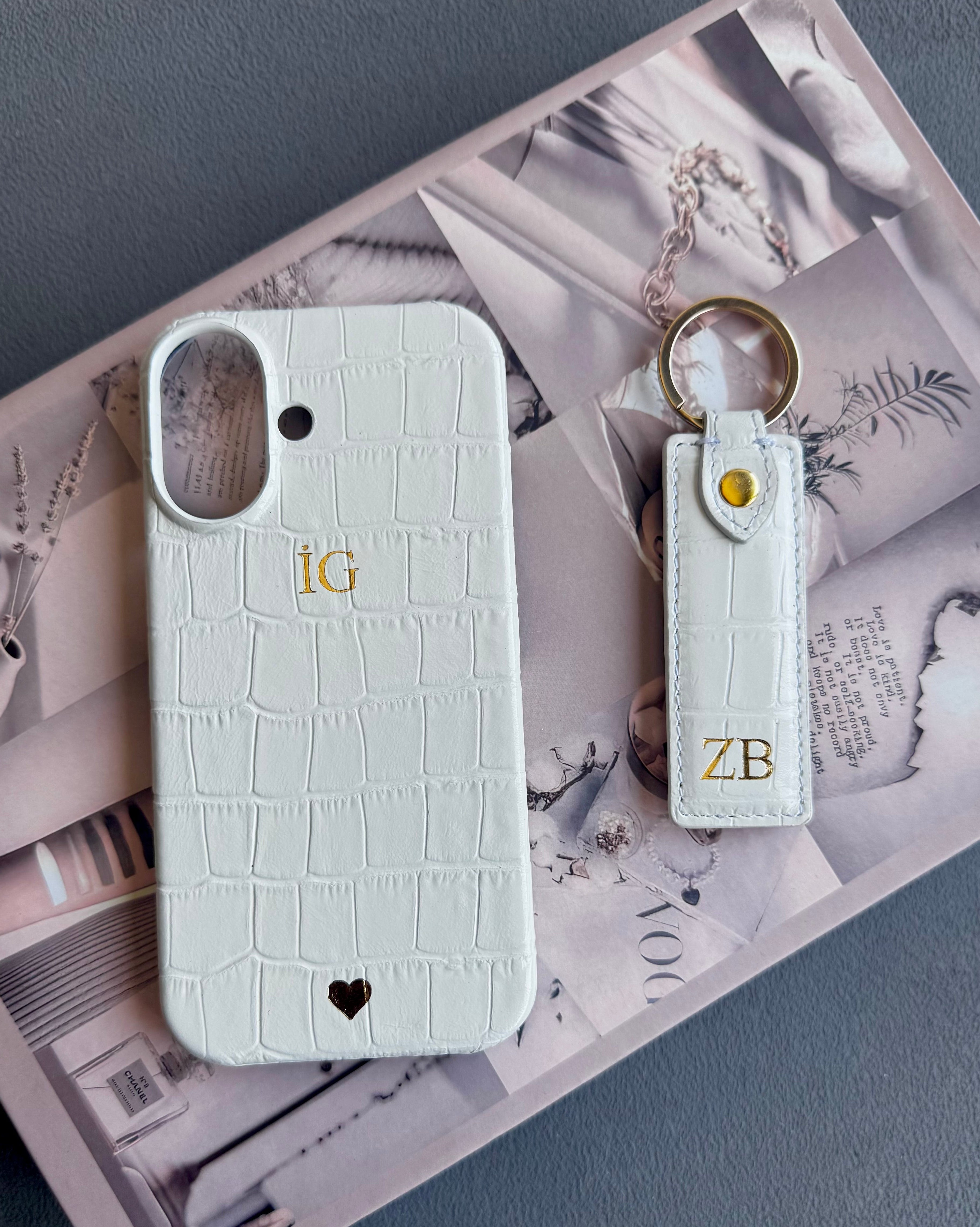 iPhone Kılıfı ve Anahtarlık Seti | Beyaz Rugan Croco