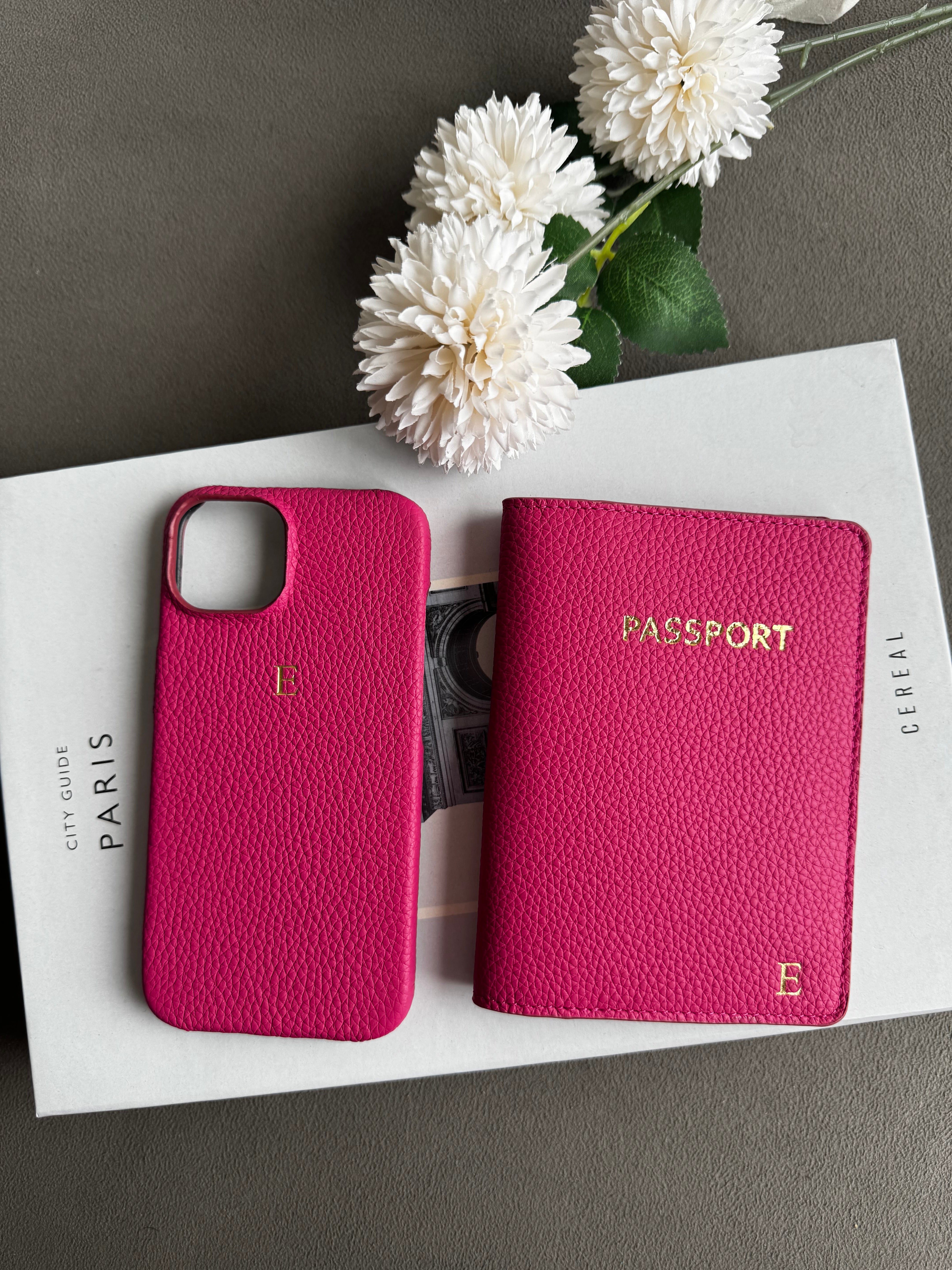 Deri fuşya pembe pasaport ve telefon kılıf seti