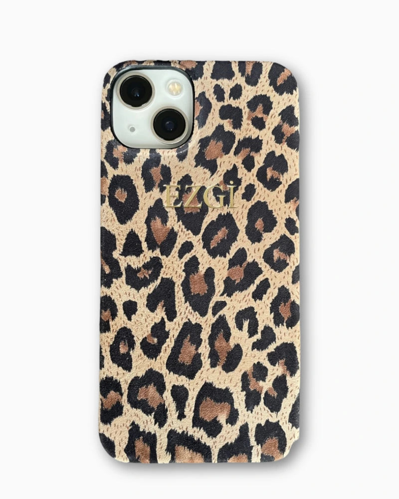 Açık Bej Tabanlı Leopar Desenli Deri iPhone Kılıf