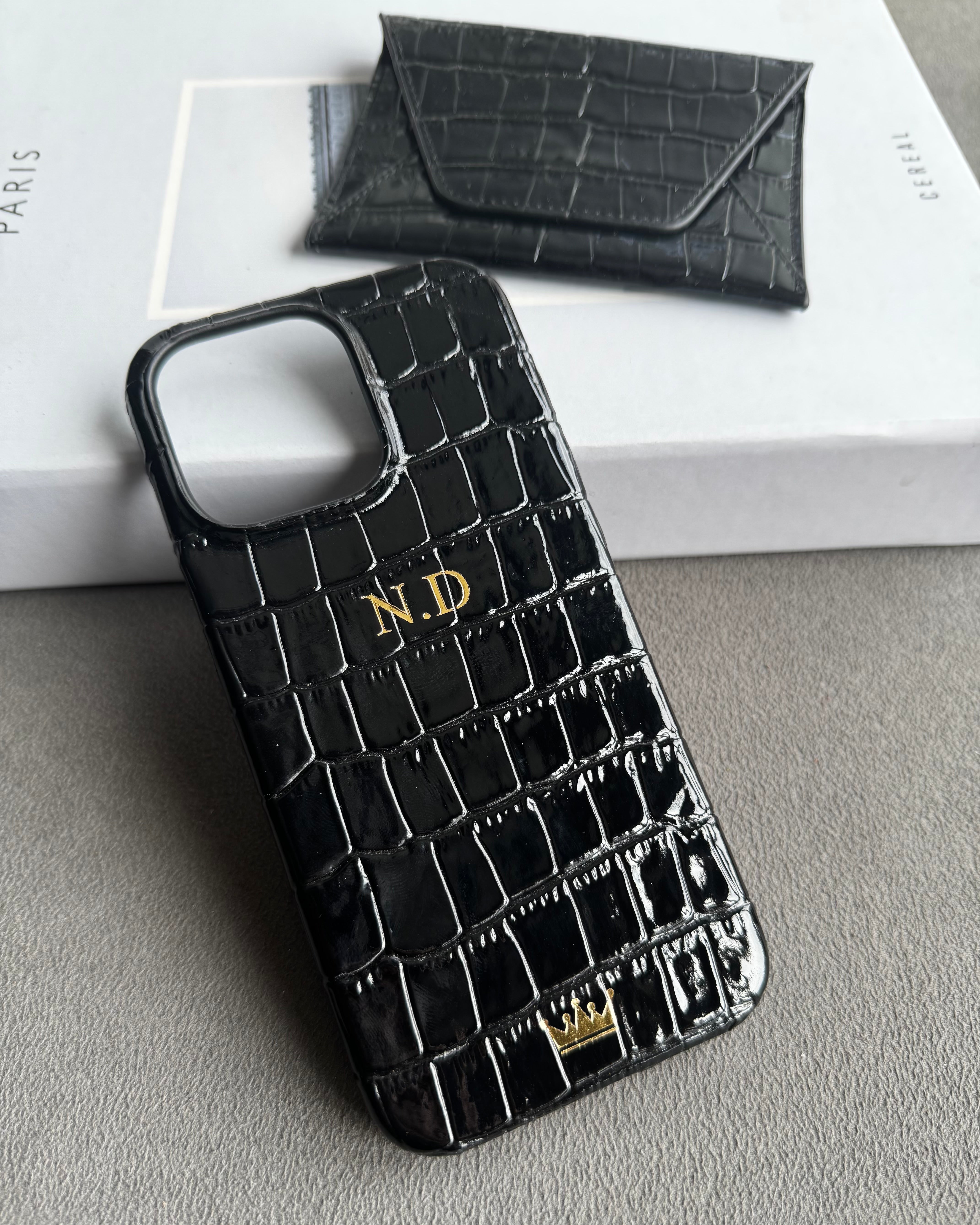Rugan Siyah Croco telefon kılıfı ve zarf cüzdan seti