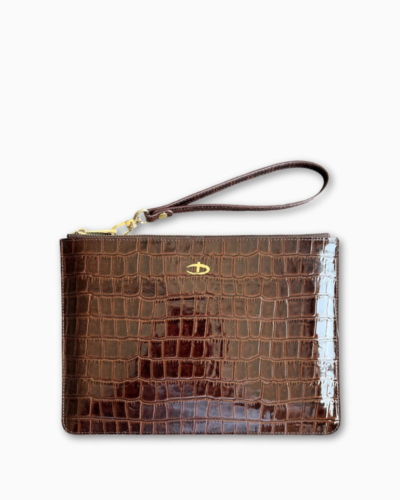 Deri Clutch Rugan Acı Kahve Croco