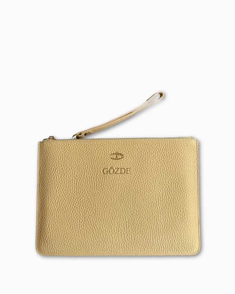 Deri krem Clutch Çanta