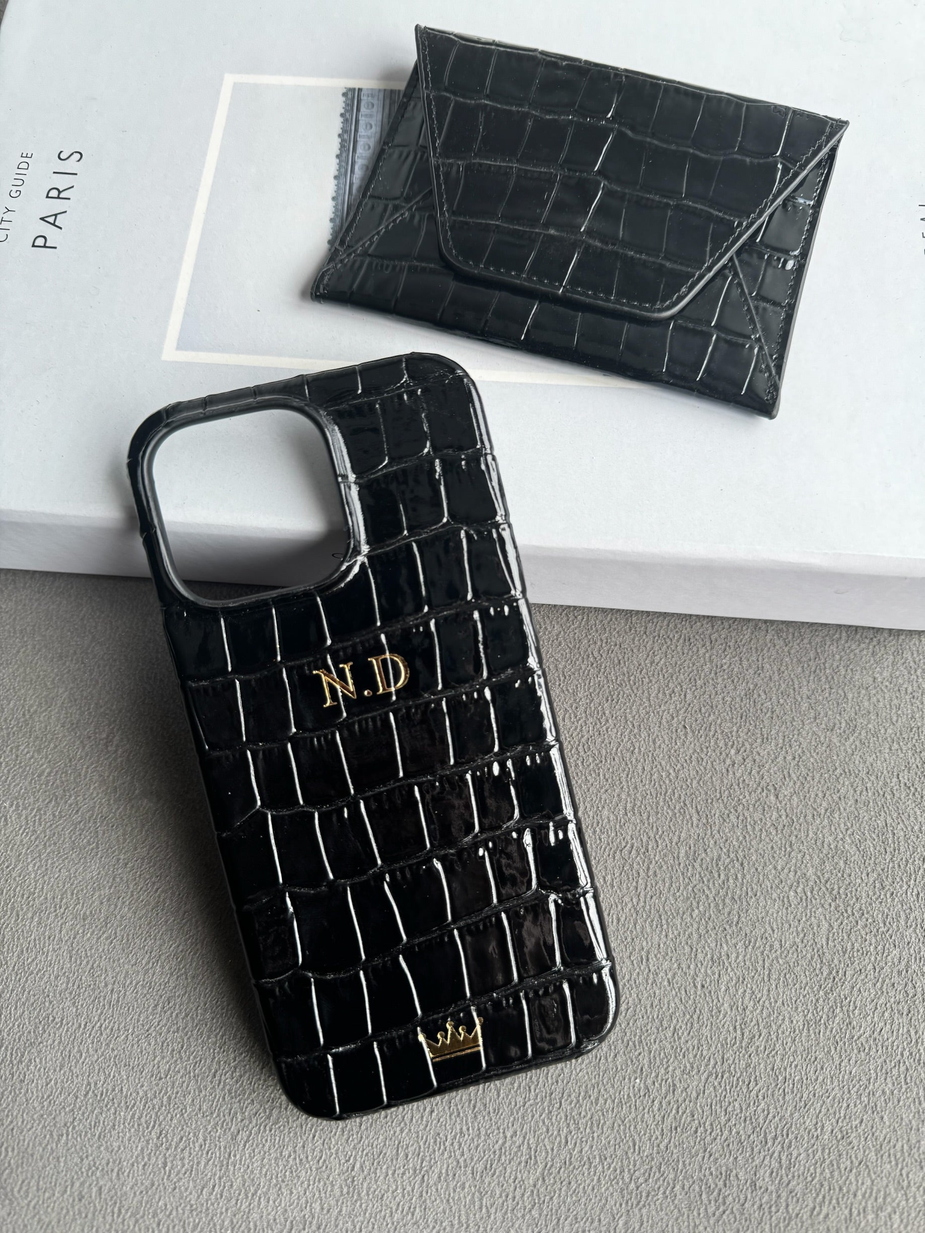 Rugan Siyah Croco telefon kılıfı ve zarf cüzdan seti