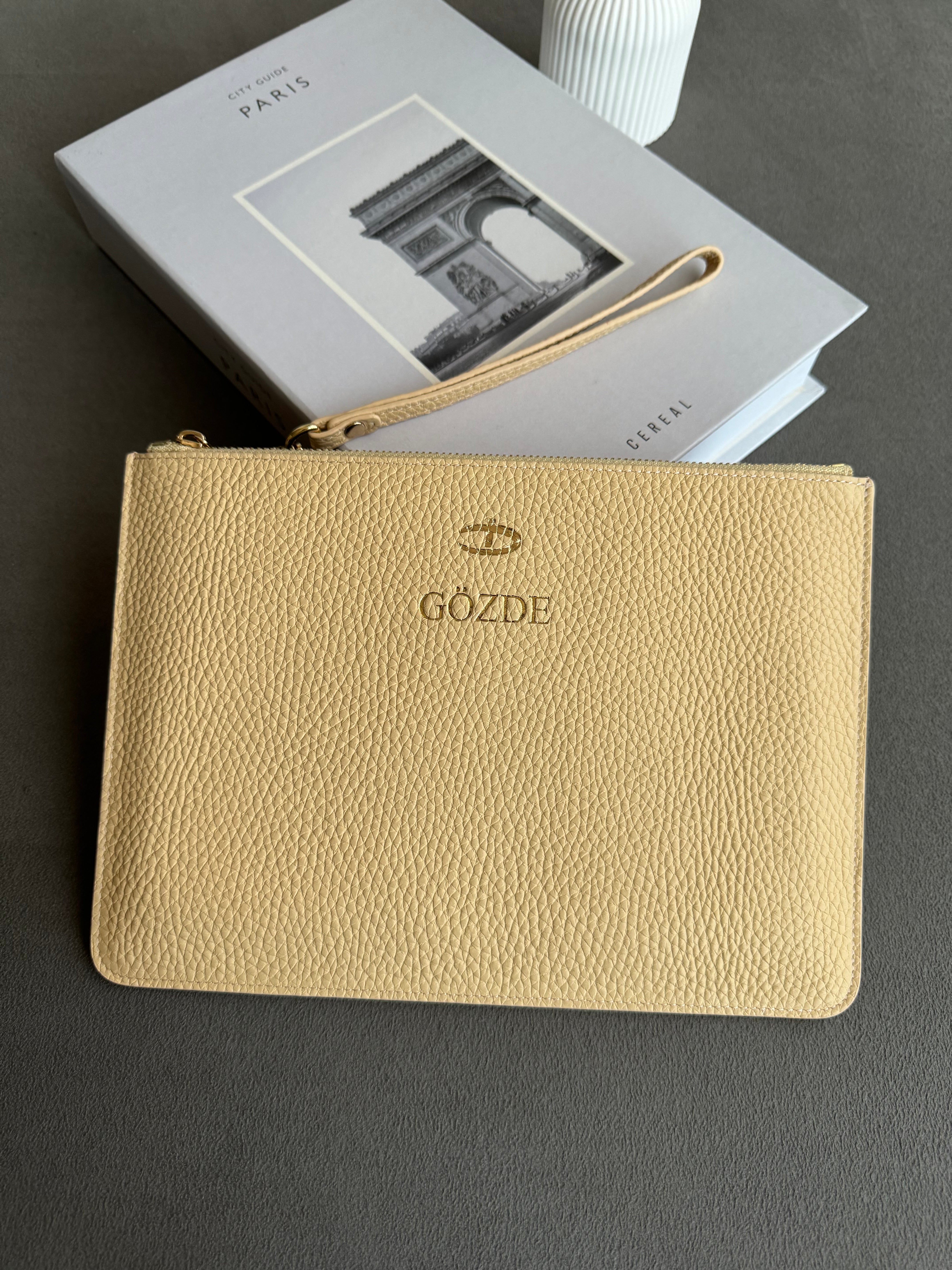 Deri krem Clutch Çanta