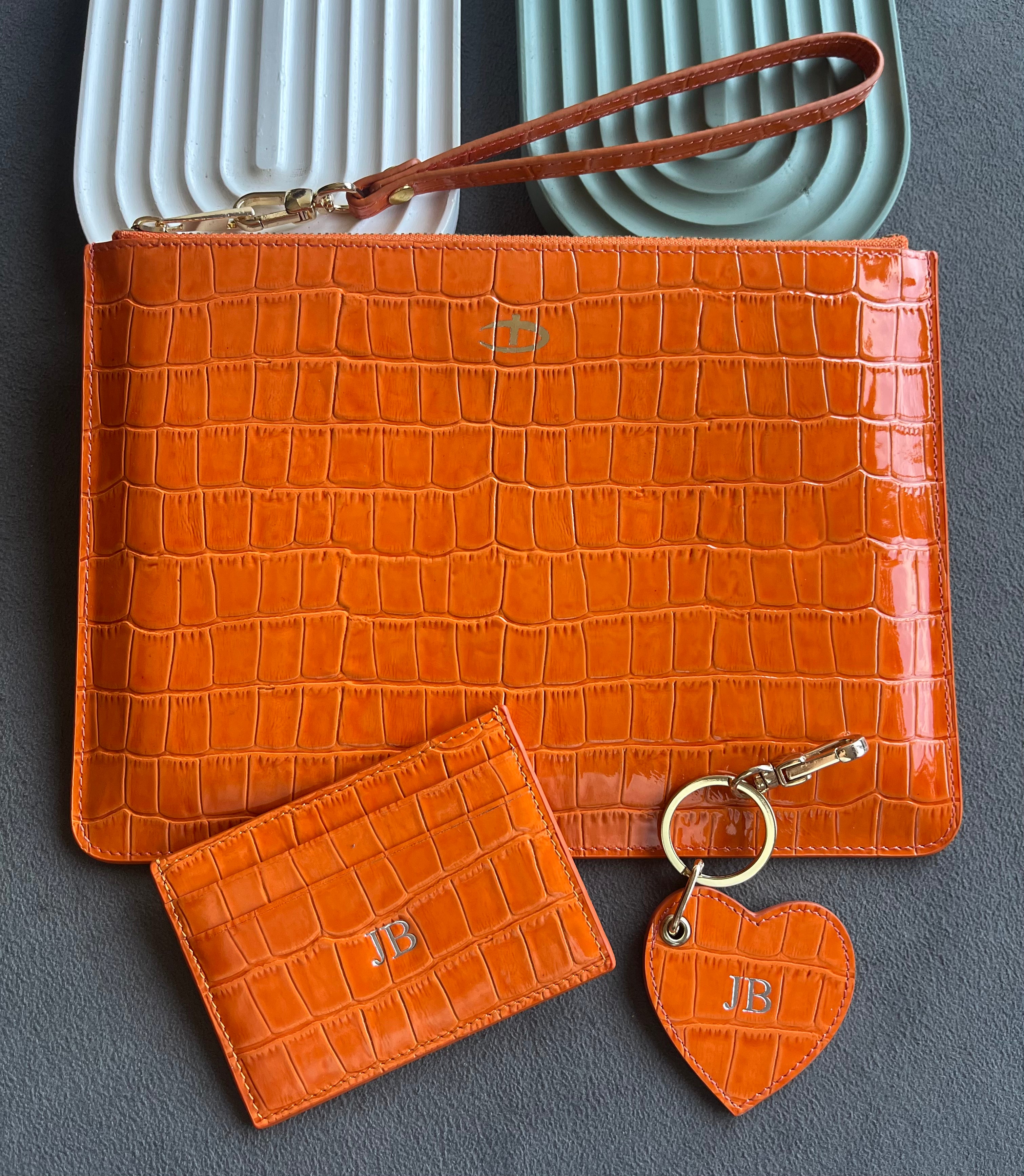 Rugan  Turuncu Croco clutch anahtarlık ve kredi kartlık seti