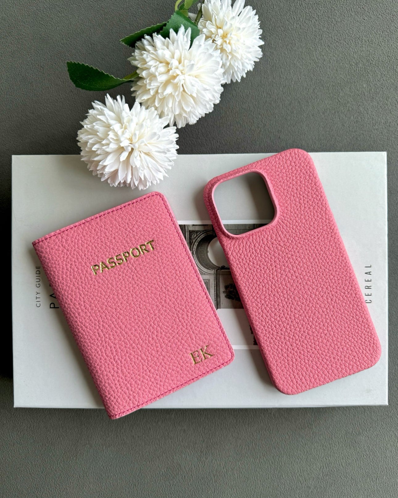 Deri şeker pembe pasaport ve telefon kılıf seti