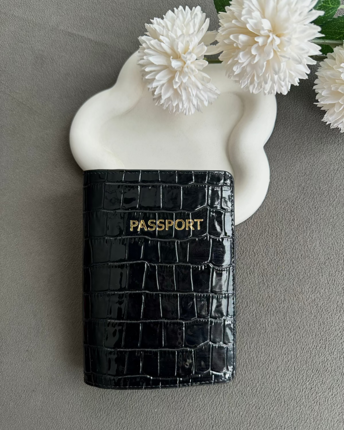 Deri Pasaport Kılıfı - Siyah Rugan Croco