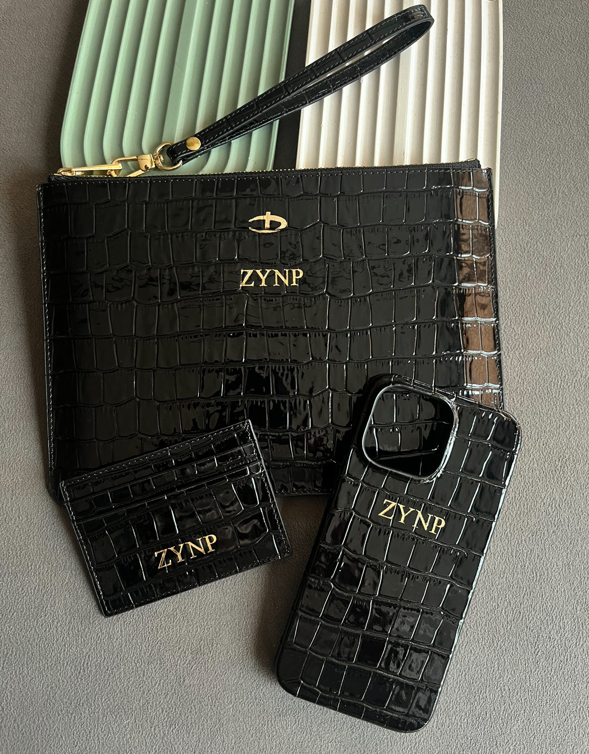 Rugan Siyah  Croco clutch telefon kılıfı ve kredi kartlık seti