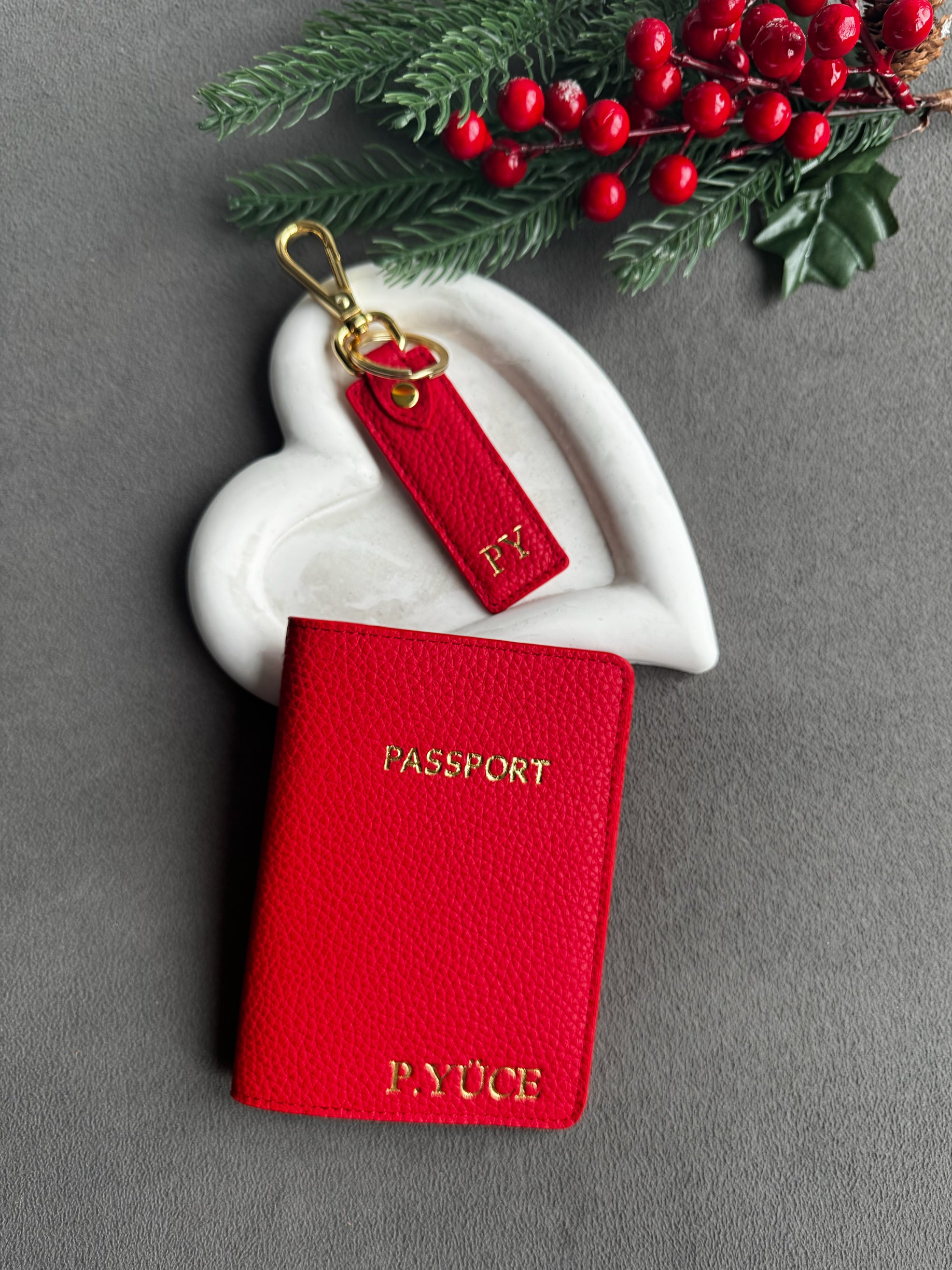 Pasaport kılıfı anahtarlık seti kırmıxı togo