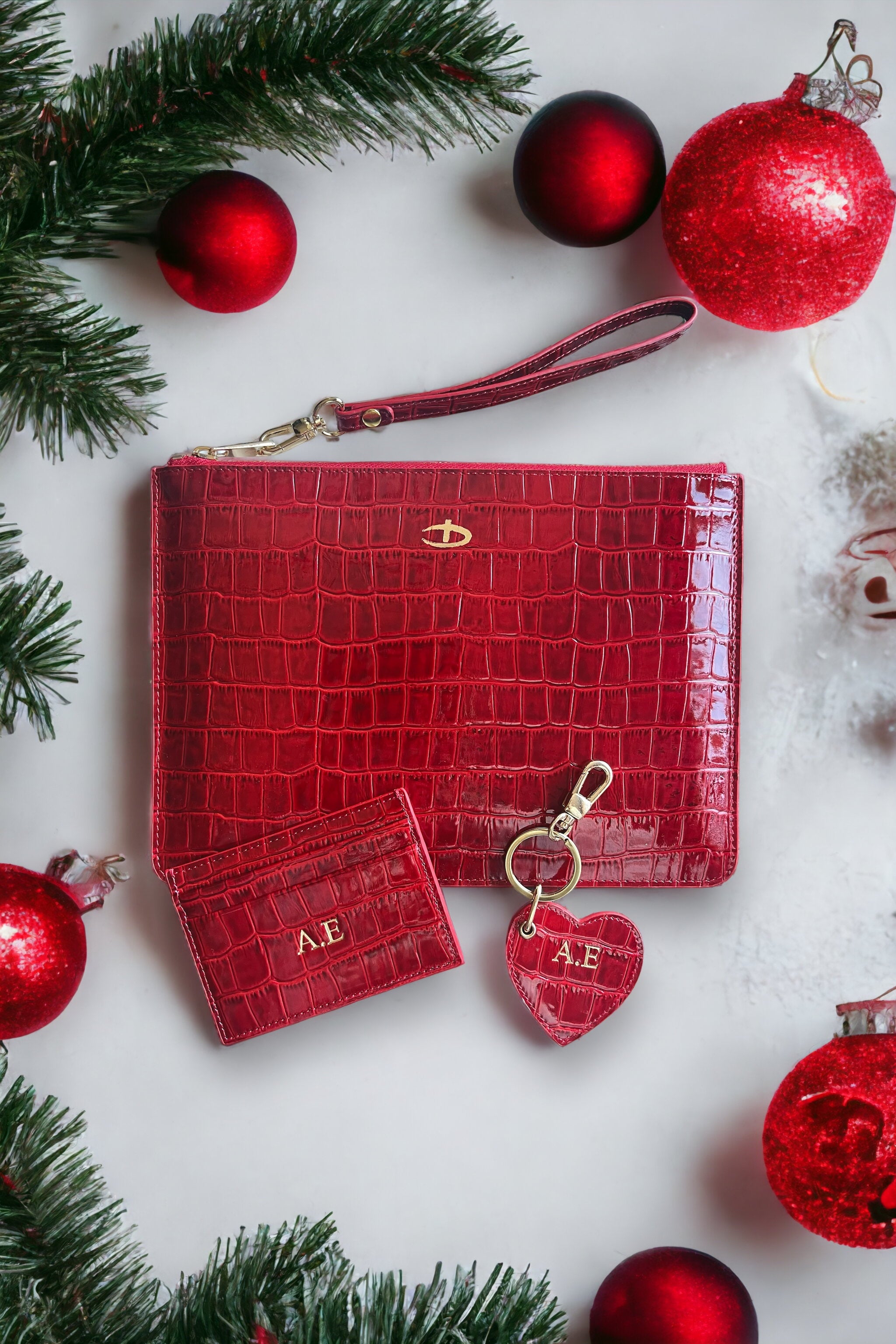 Rugan Kırmızı Croco clutch anahtarlık ve kredi kartlık seti