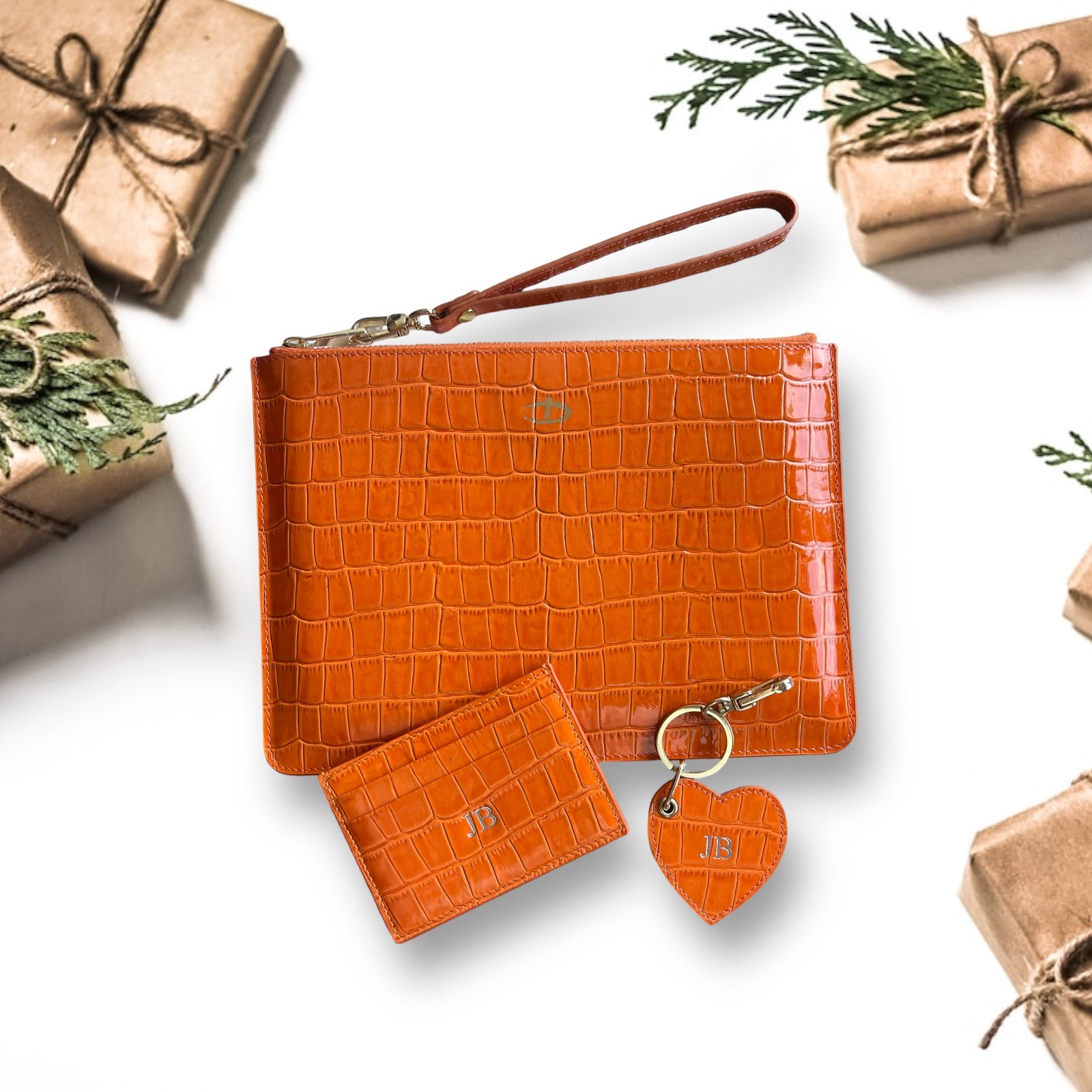 Rugan  Turuncu Croco clutch anahtarlık ve kredi kartlık seti