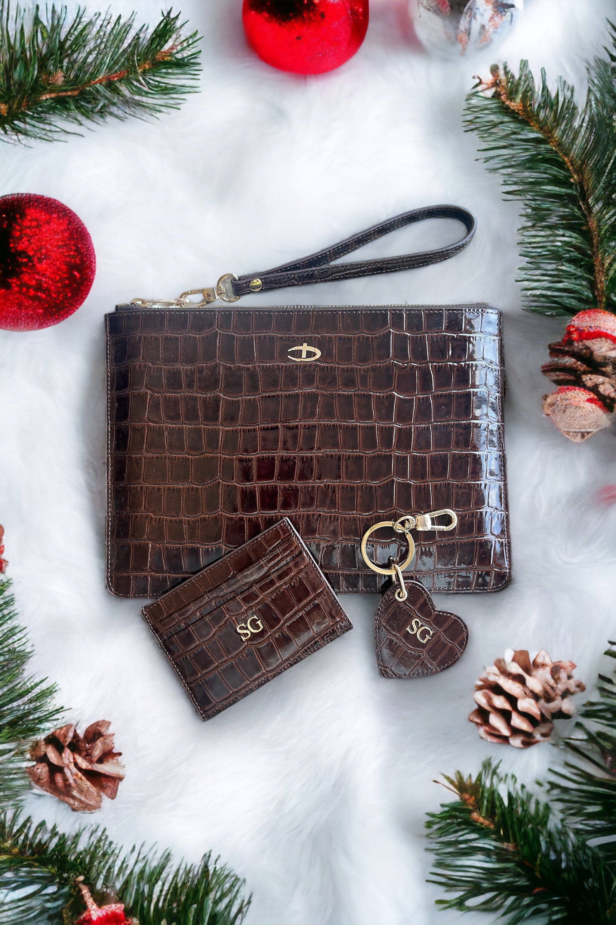 Rugan  Kahverengi Croco clutch anahtarlık ve kredi kartlık seti