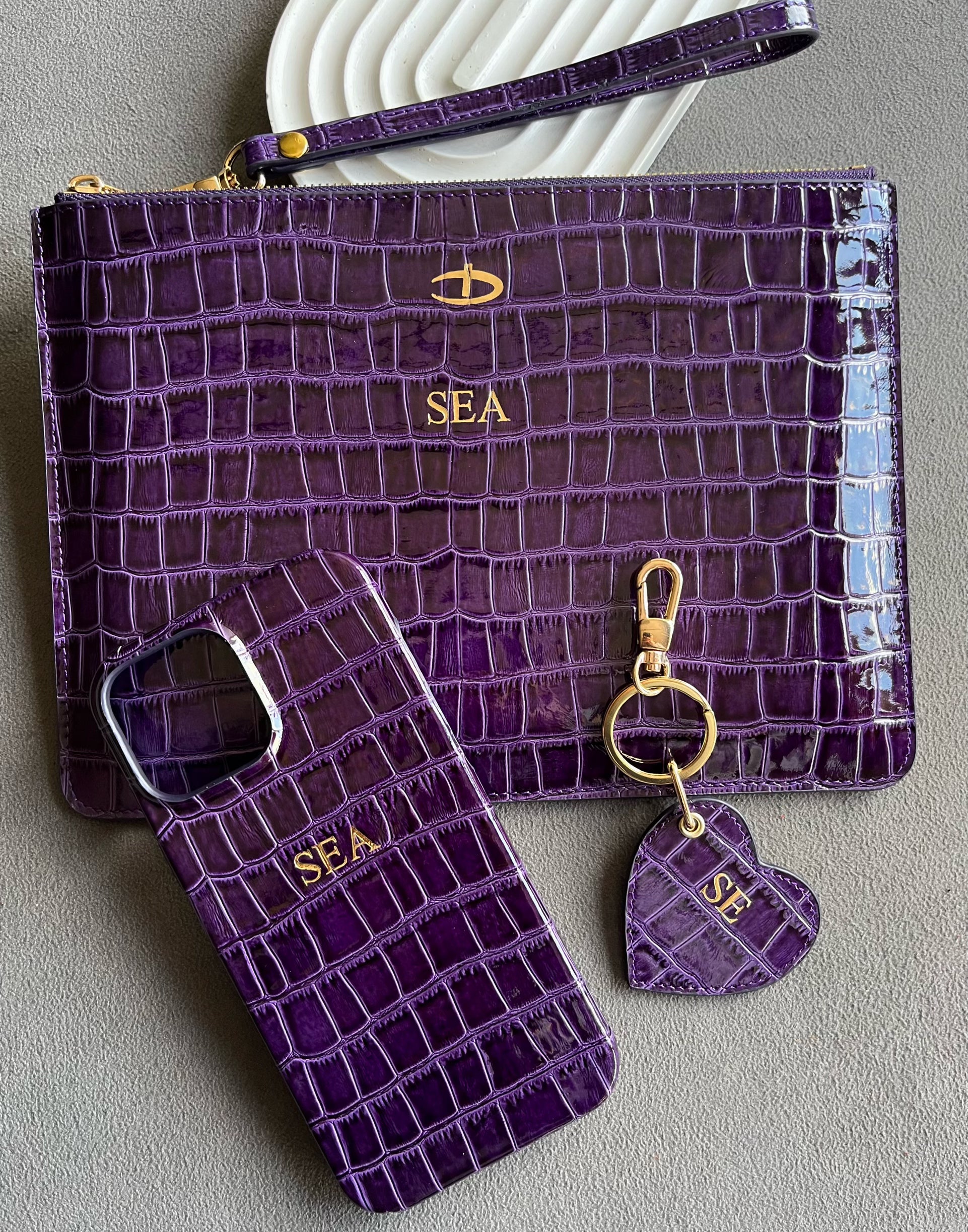 Rugan Mor Croco clutch anahtarlık ve kılıf seti